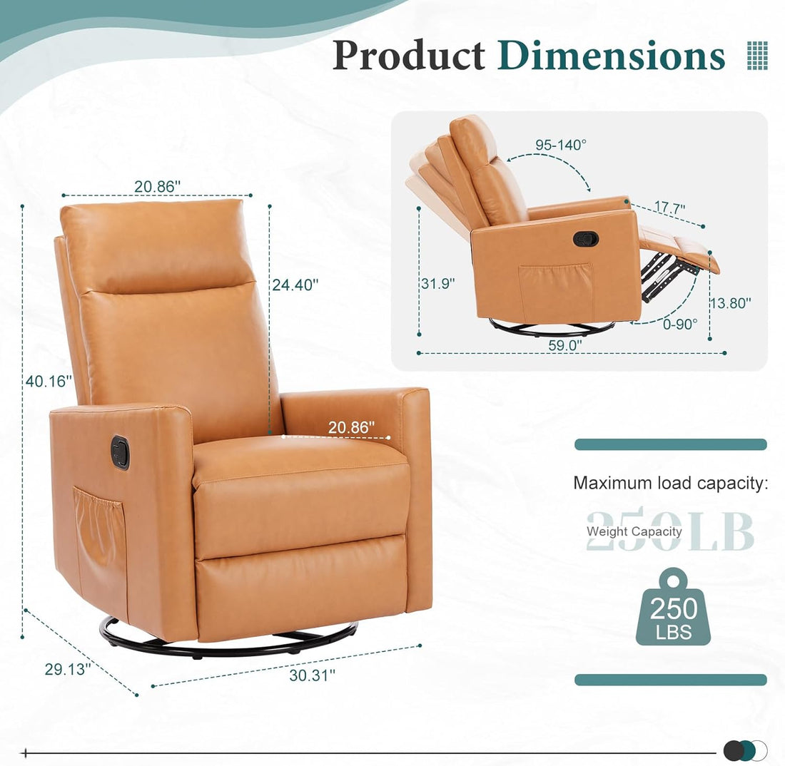 Swivel Recliner Chair, Rocker Glider Chair For Living Room, Office Faux Leather Recliner Chair, Nursery Glider With Large Footrest, Upholstered Deep Seat Single Sofa Chair, High Back, Brown Brown