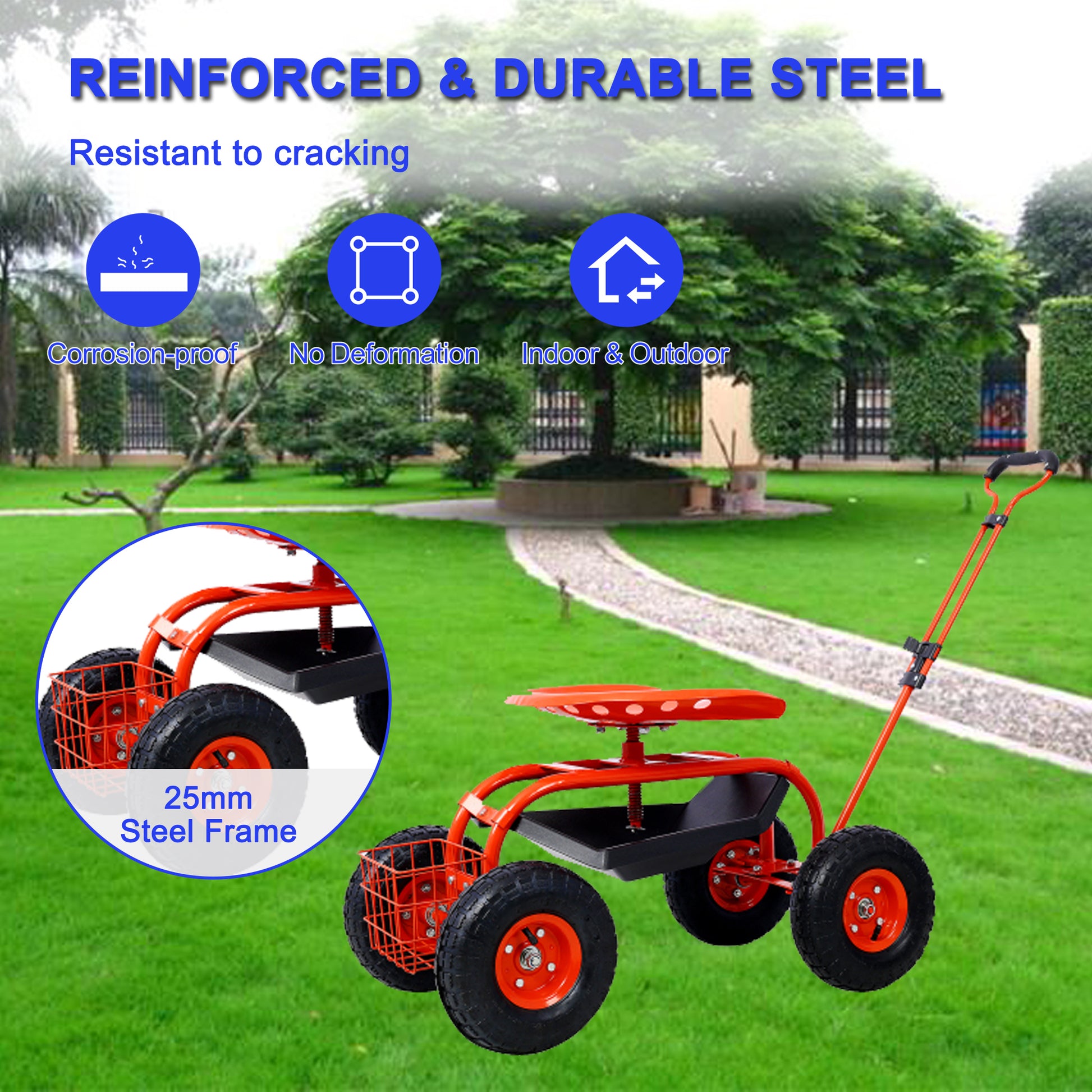 Garden Cart Rolling Scooter, Adjustable Height Heavy Duty Scooter, Rolling Garden Cart With 4 Wheels And Extendable Handle, Garden Stool Cart With 360 Degree Seat And Tool Tray Red Red Garden & Outdoor Iron