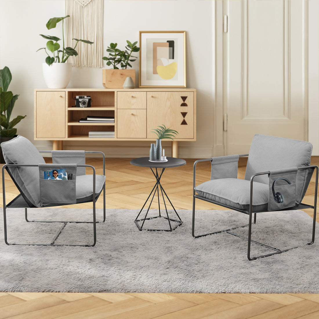 2 Sets 1 Case, Upholstered Hanging Armchair With Arm Pocket Metal Frame, Crushed Foamcushions And Skin Friendly Braid For Living Room And Bedroom. Grey Color Grey Foam Polyester