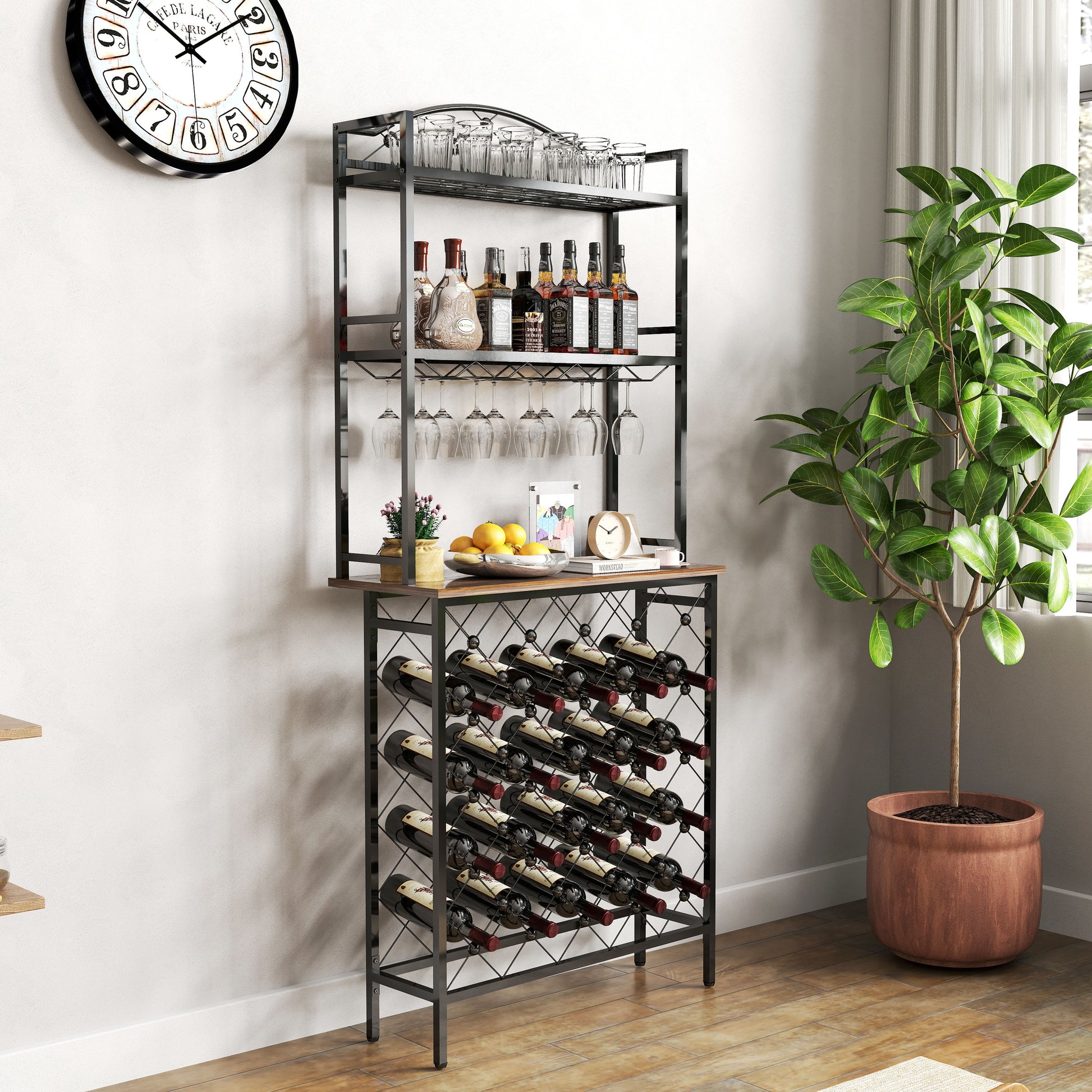 Industrial Wine Rack Bar Table, 3 Tier Liquor Bottle And Glass Holder With Storage Shelves, Metal And Wood Wine Organizer For Home Kitchen, Dining Room, And Living Room Black Brown Kitchen American