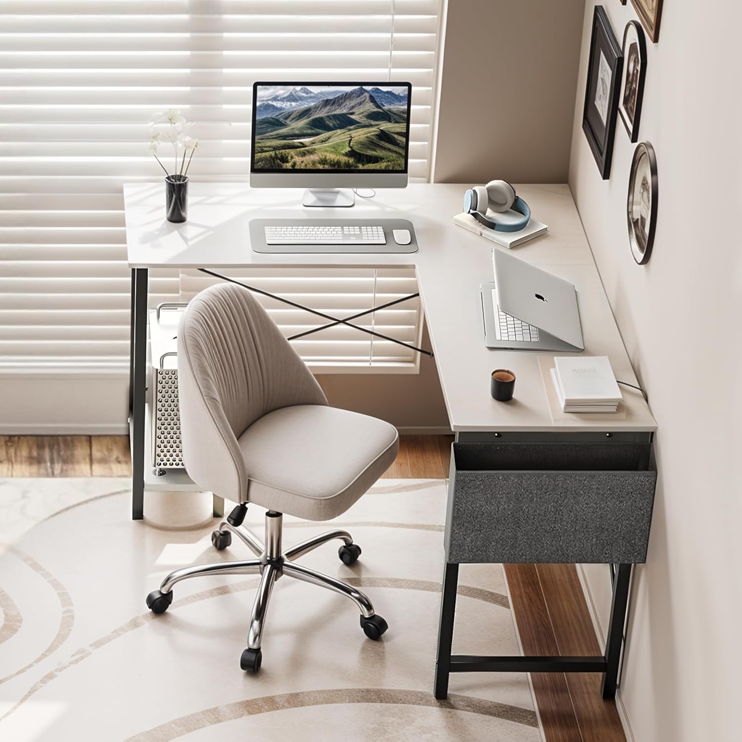 L Shaped Desk Gaming Computer 50 Inch Reversible Corner Table Pc For Writing Study Student With Wood Tabletop Metal Frame Cpu Stand Side Bag For Home Office Small Place, White White Wood