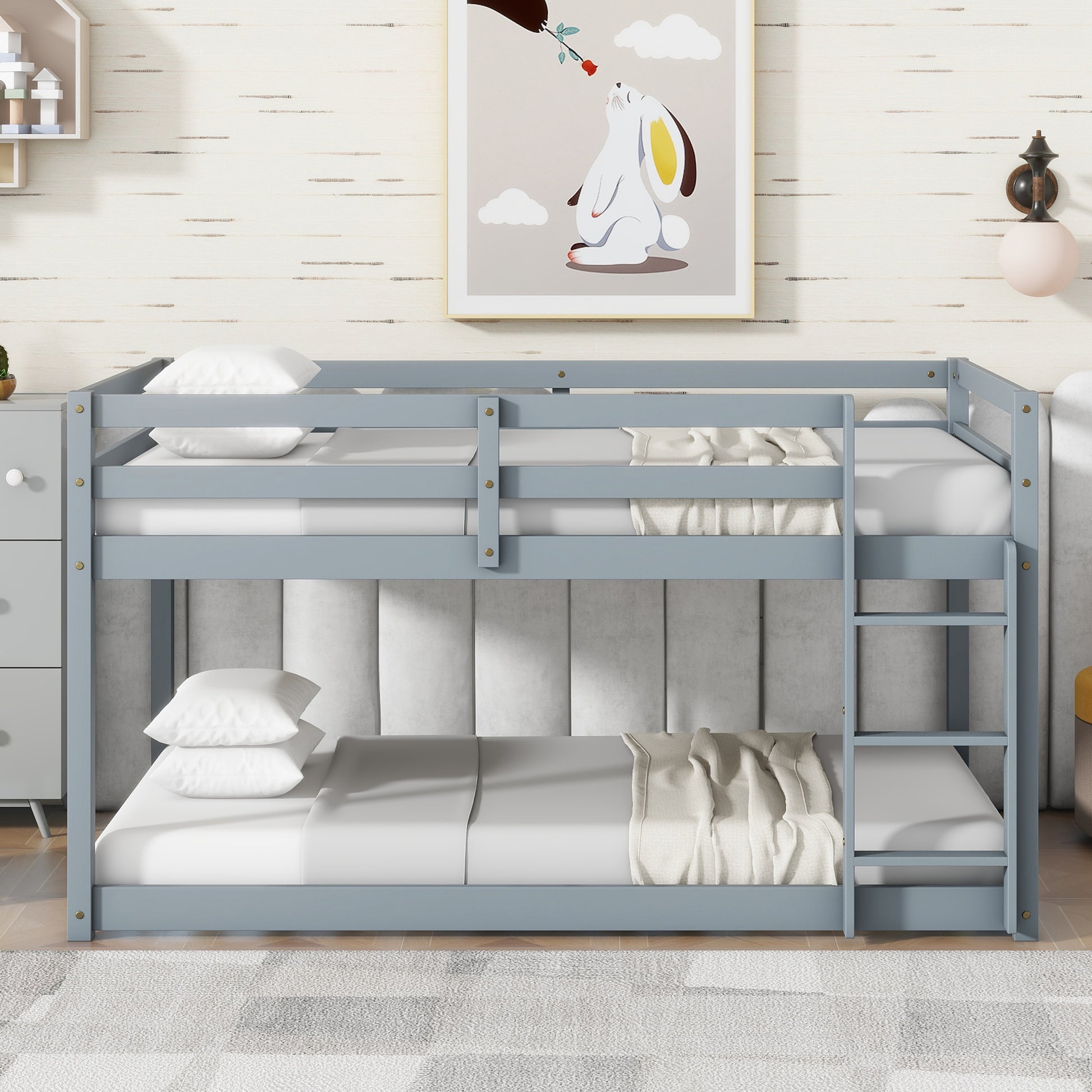 Solid Woodensolid Rubber Wooden Twin Over Twin Loft Bed With Ladder ,Upper And Bottom Bed Platforms Crafted With Strengthened Slats ,Grey Twin Grey Rubber Wood