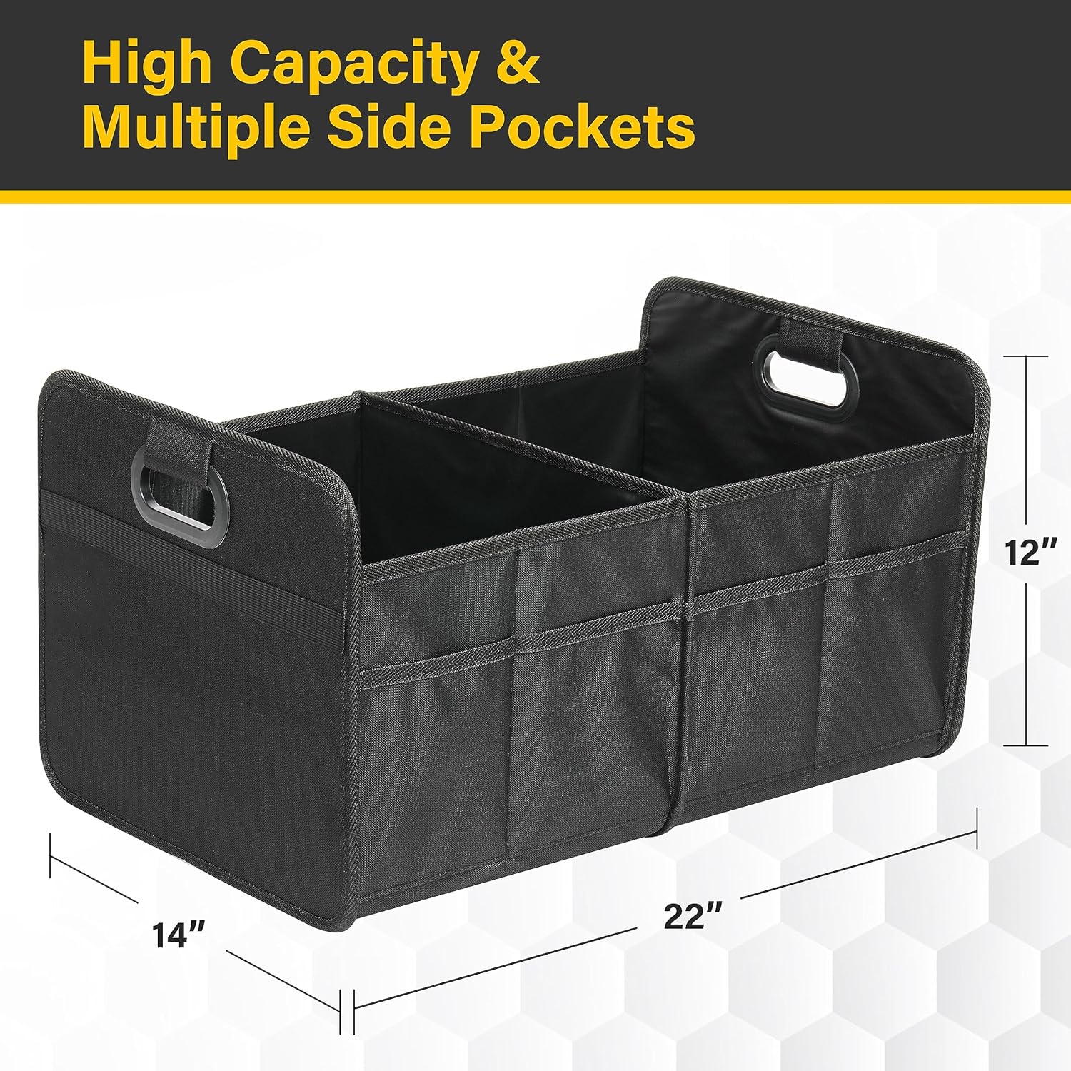 Trunk Organizer For Car Suv Truck, Collapsible 2 Compartment Automotive Storage Box, 600D Waterproof Oxford Polyester 50L Travel Accessories, Anti Slip & Leak Proof, Black Black Polyester