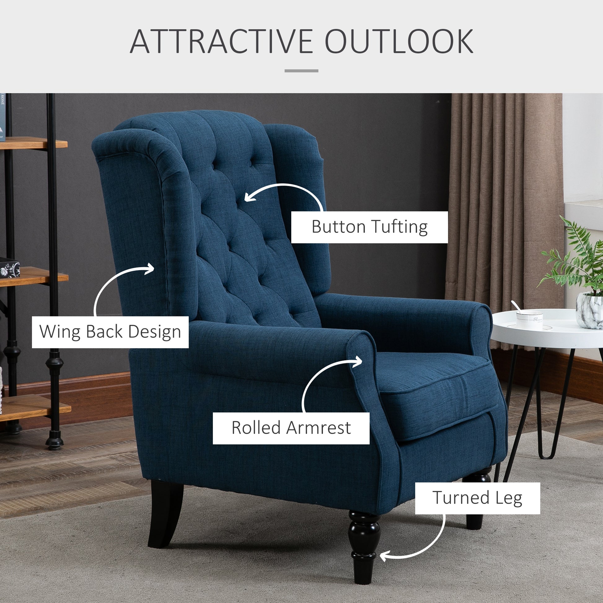 Homcom Button Tufted Accent Chair With High Wingback, Rounded Cushioned Armrests And Thick Padded Seat, Blue Blue Fabric