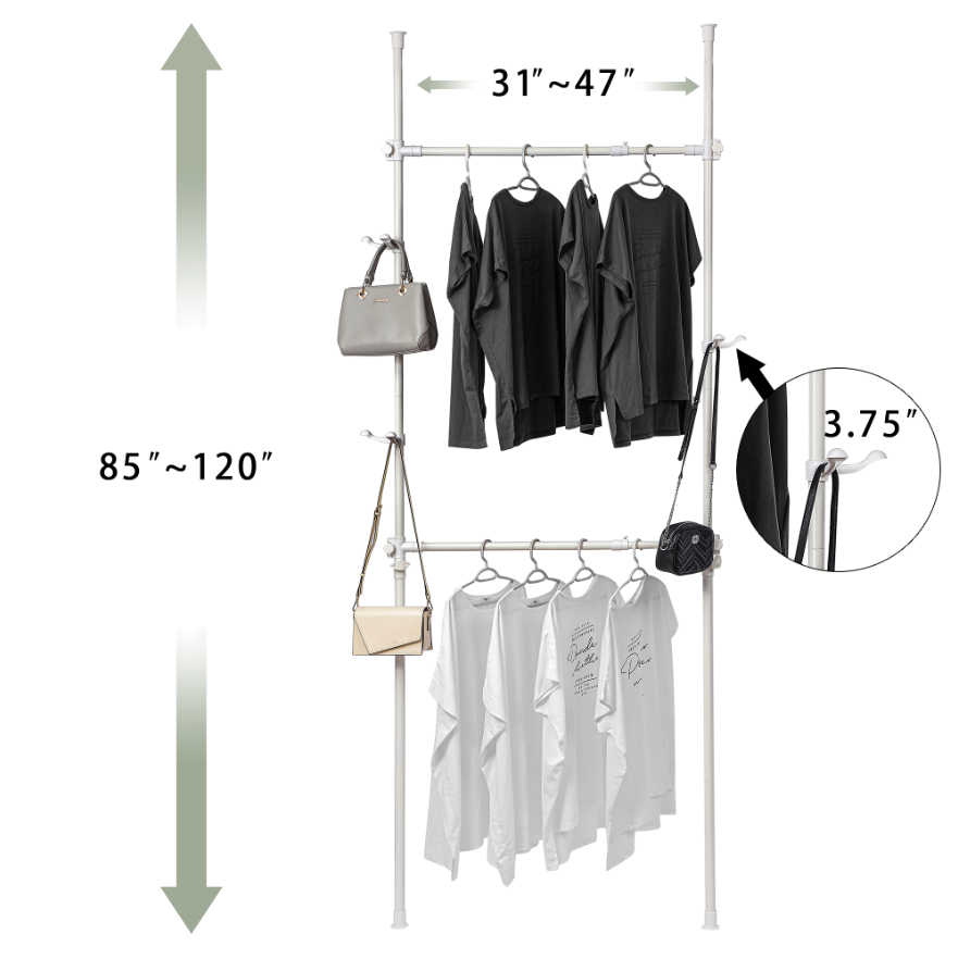 Telescopic Garment Rack, Heavy Duty Design Movable Diy By Hand No Damage To Wall Ceiling Hanging Rail, 31 47In Wide Adjustable, 120 Kilogram Loading, Reach Hook Included, White White Primary Living Space Metal