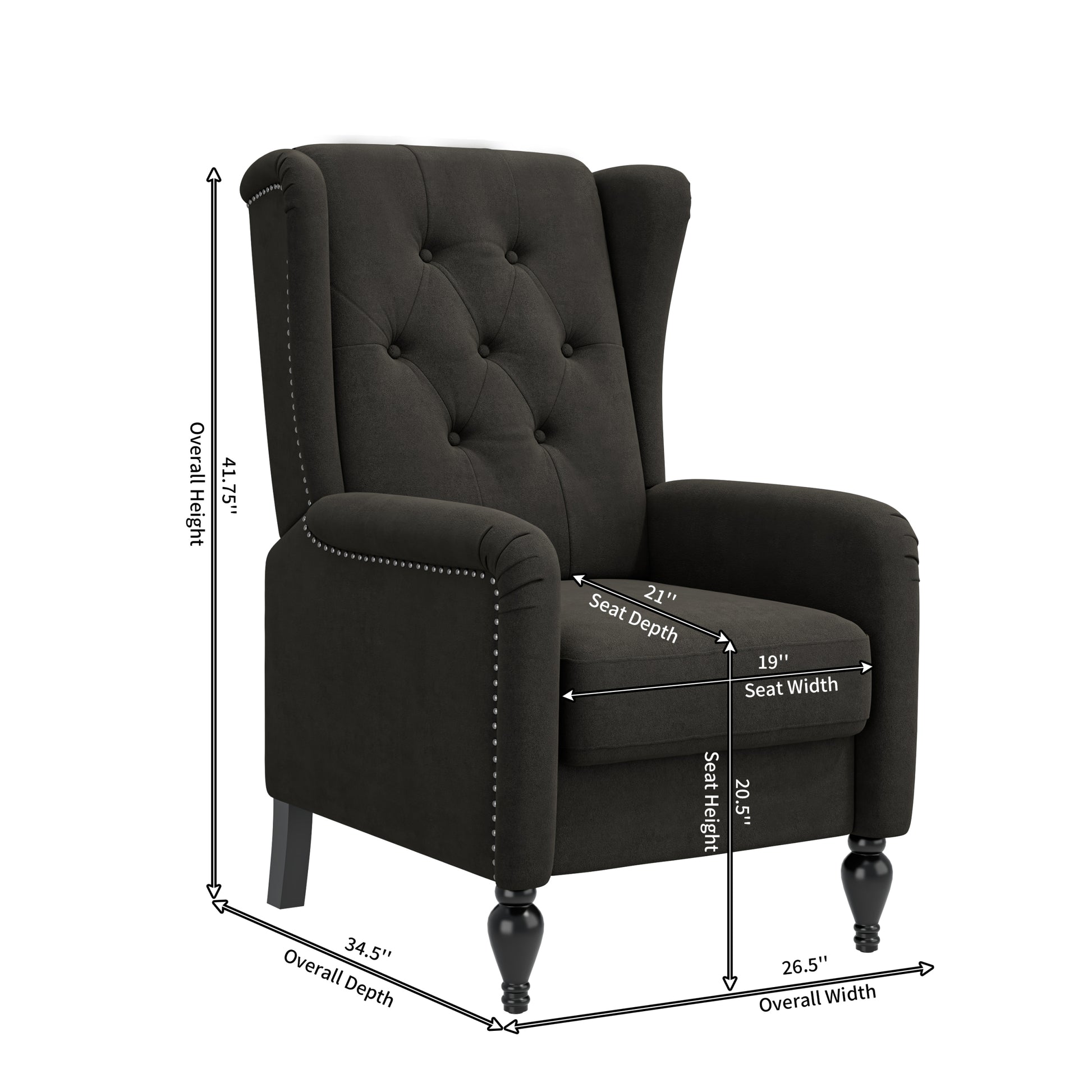 The Haven Recliner Charcoal Grey Espresso Velvet Manual Push Back Wood Soft Loose Back Poplar Flared Arms Polyester