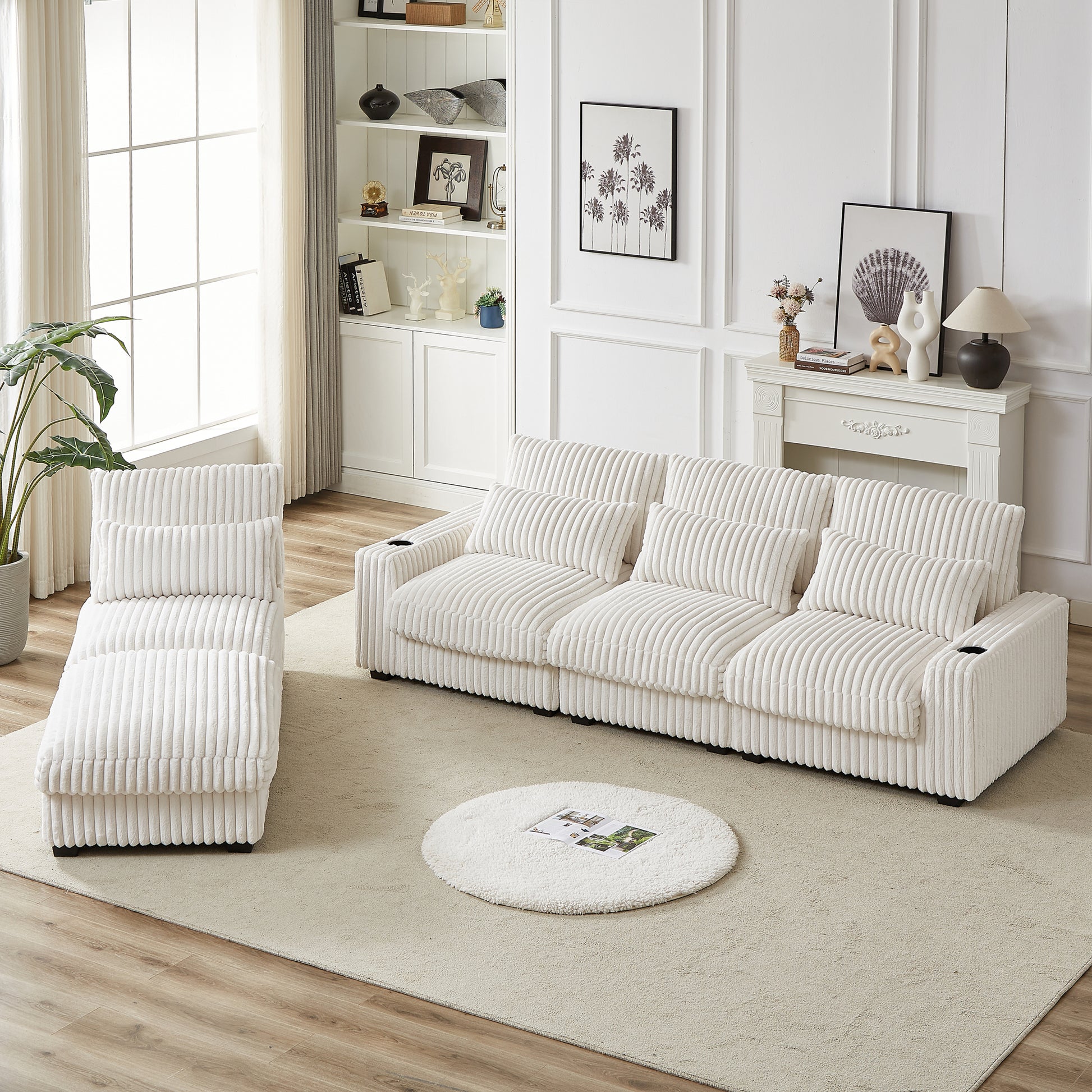 128 Inch Corduroy With Cup Holder Super Large L Shaped Sofa, Movable Footrest, Four Waist Pillows And Four Back Cushion, With Usb Port And T Pyce Port Beige Corduroy 3 Seat