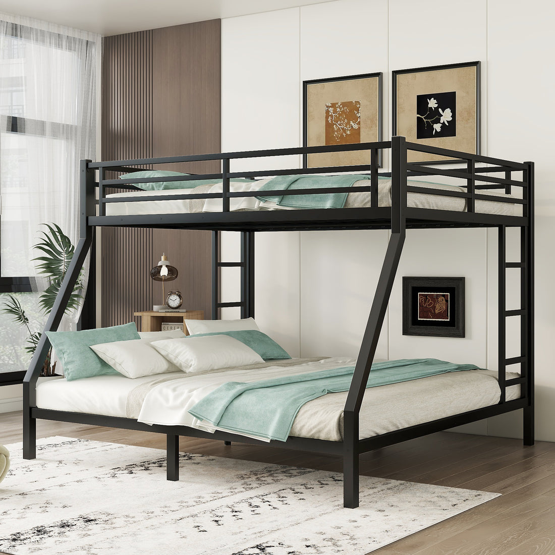 Metal Queen Over King Bunk Bed For Teens And Adults,Space Saving Noise Reduced No Box Spring Needed, Black Black Metal