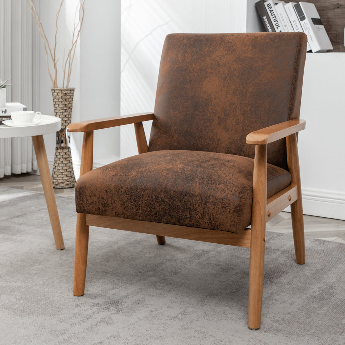 25.38'' Wide Classic Mid Century Modern Arm Chair, Light Brown Light Brown Microfiber