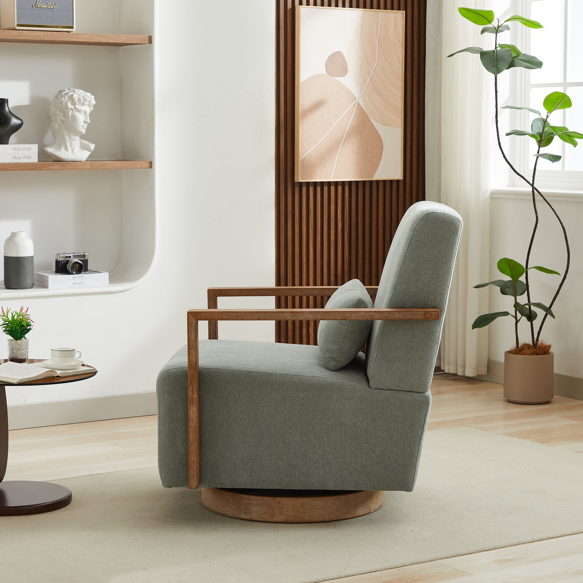 30.3"W Swivel Modern Upholstered Accent Chair With Solid Wood Armrests And 360 Degree Comfy Lounge Reading Chair, Side Armchair For Hotel, Bedroom, Living Room, Office, And Nursery Room.Pale Green Pale Green Linen Blend