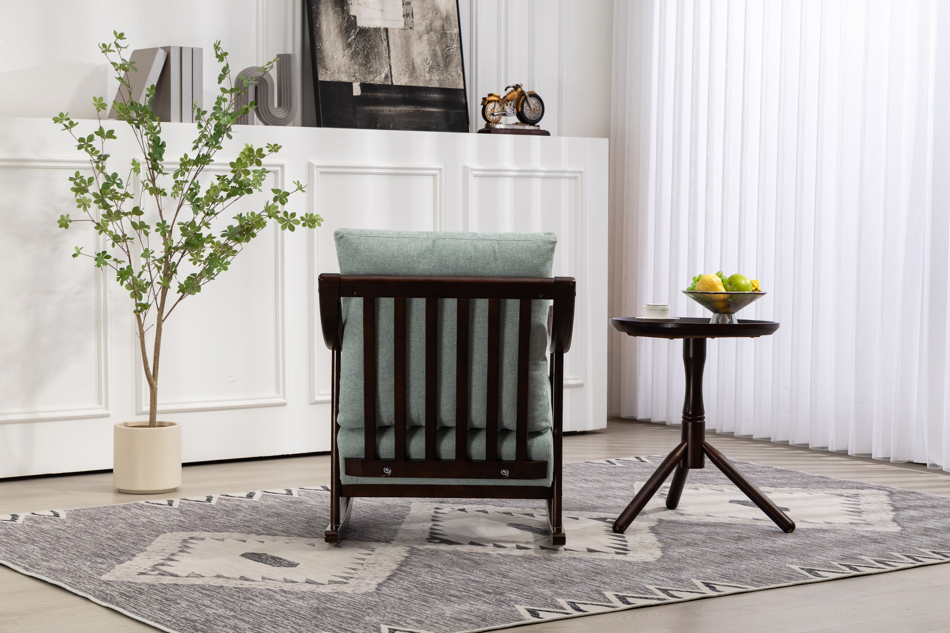 Woven Fabric Mid Century Modern Accent Chairs Comfy Upholstered Glider Arm Chair With Solid Wood For Living Room Bedroom Balcony Light Green Linen