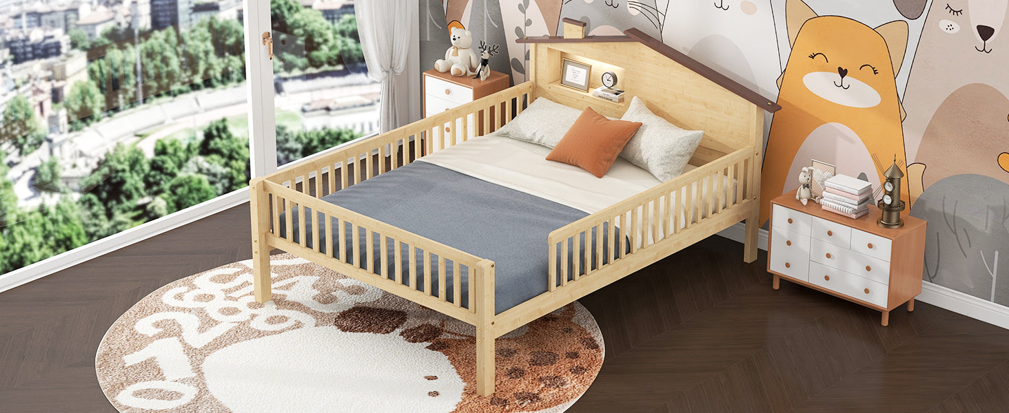 Full Size Wood Platform Bed With House Shaped Headboard, Led And Built In Storage, Natural Box Spring Not Required Full Natural Wood Bedroom Bed Frame Wood