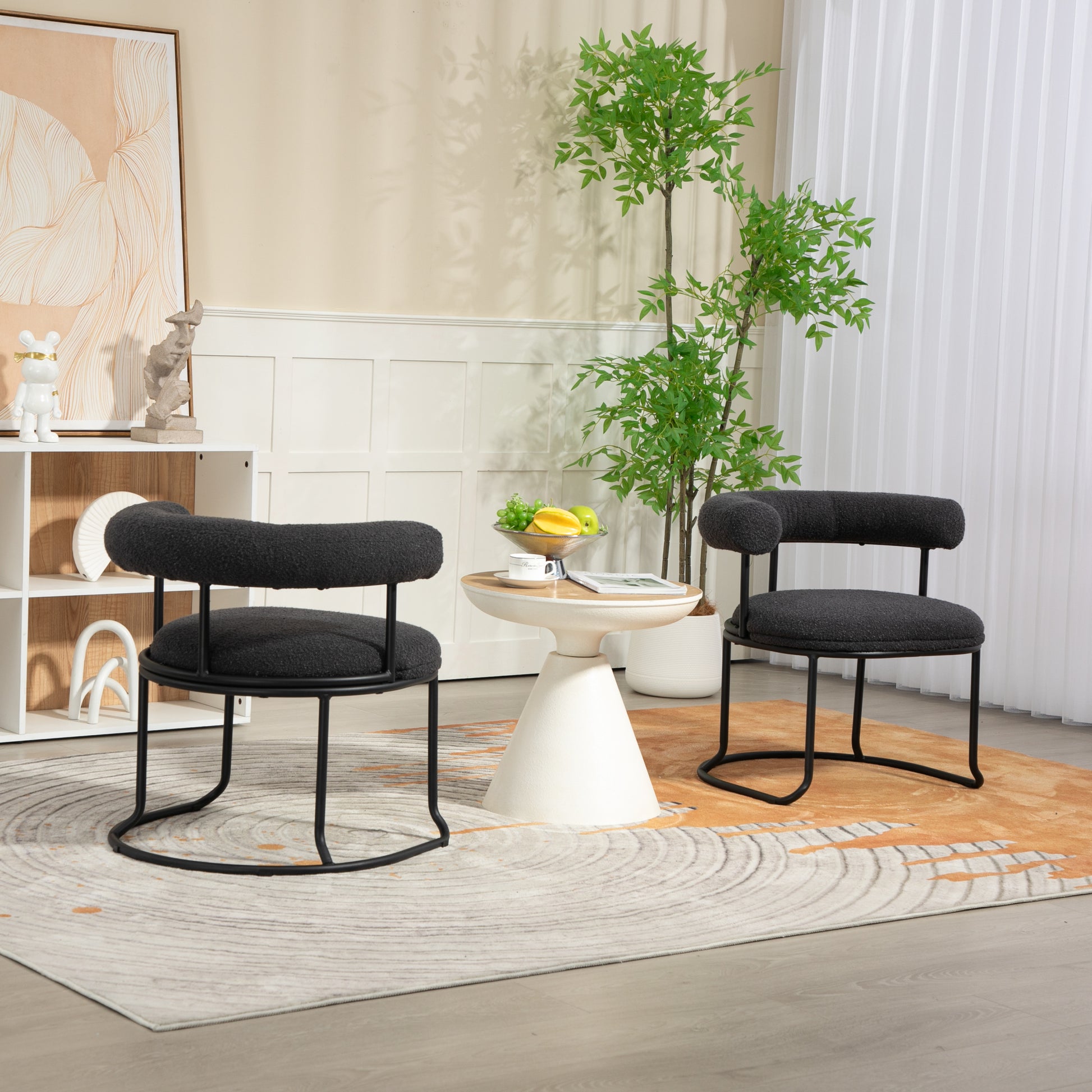 Coolmore Boucle Dining Chairs Set Of 2, Mid Century Modern Curved Backrest Chair, Round Upholstered Kitchen Chairs Carbon Black Boucle Carbon Black Foam Mdf Metal