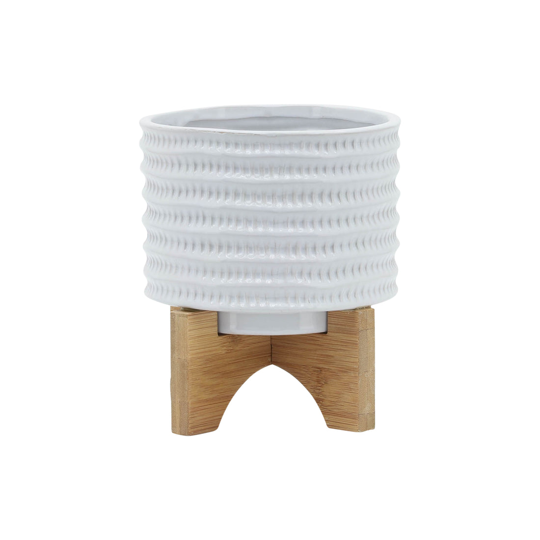 5" Textured Planter W Stand, White White Ceramic