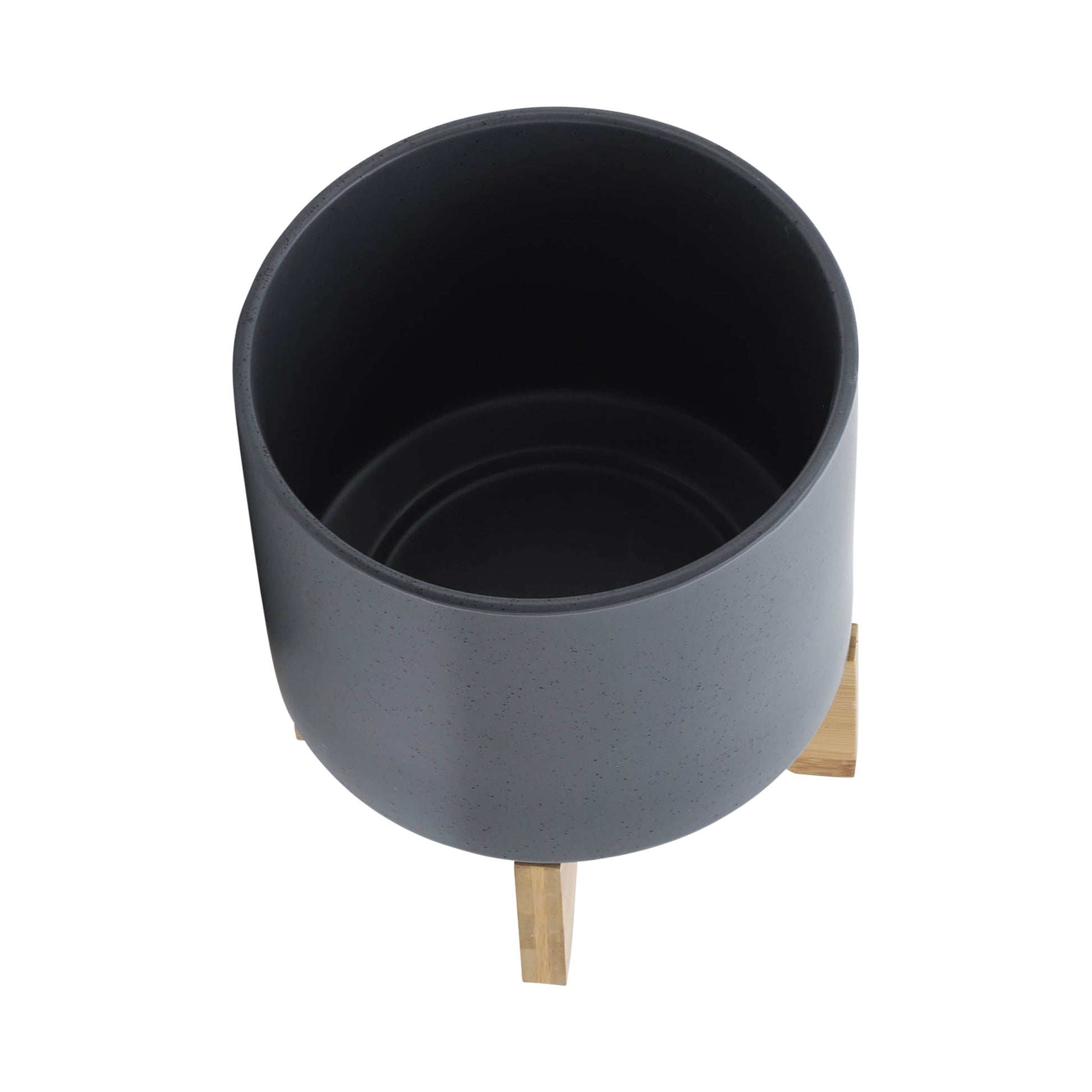 8" Planter W Wood Stand, Matte Gray Gray Ceramic