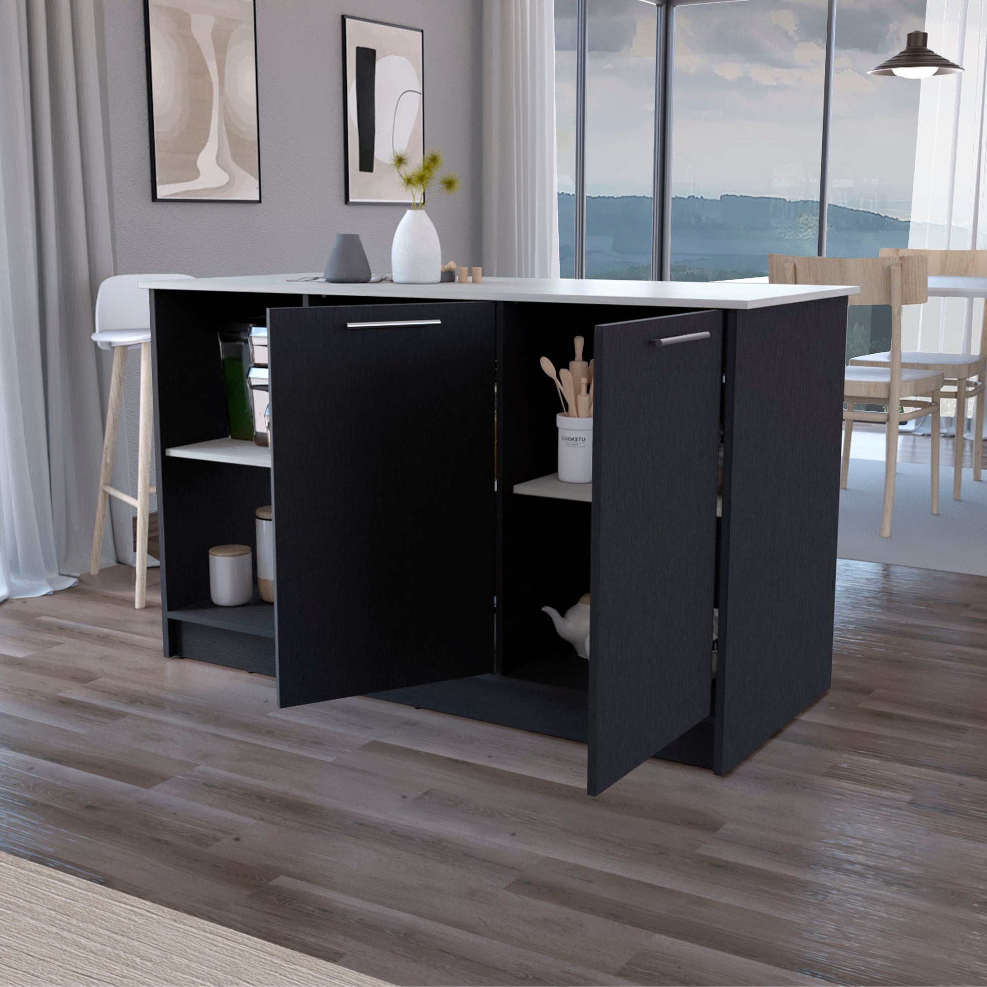 Mercury Kitchen Island With Spacious Countertop, Double Door Cabinets, And 2 Open Storage Shelves Multi Kitchen Rectangular Stationary Kitchen Islands Melamine Particle Board Large 56 In