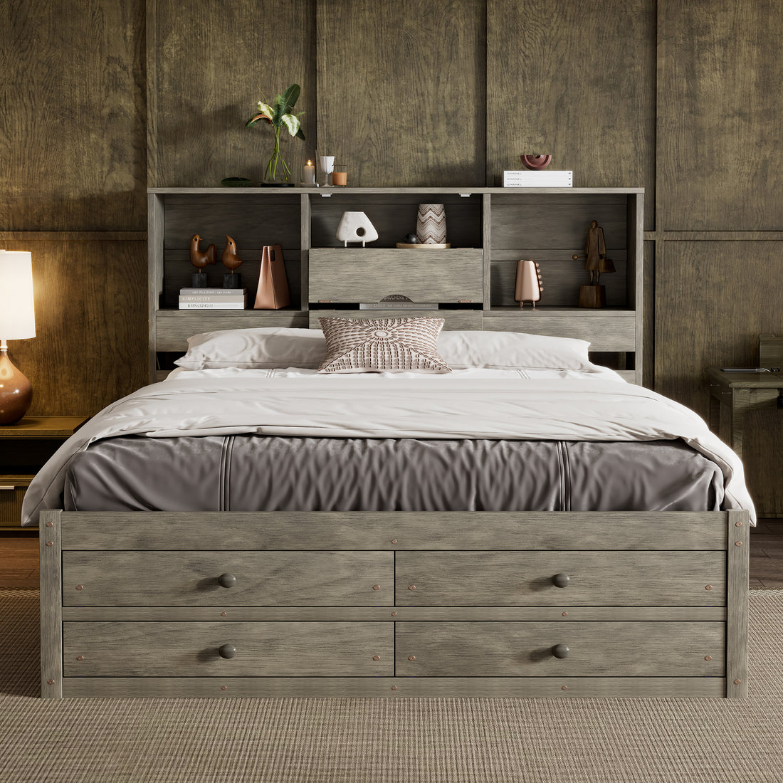 Queen Size Platform Bed With Storage Headboard And 8 Drawers, Gray Box Spring Not Required Queen Gray Wood Bedroom Bed Frame Solid Wood Mdf