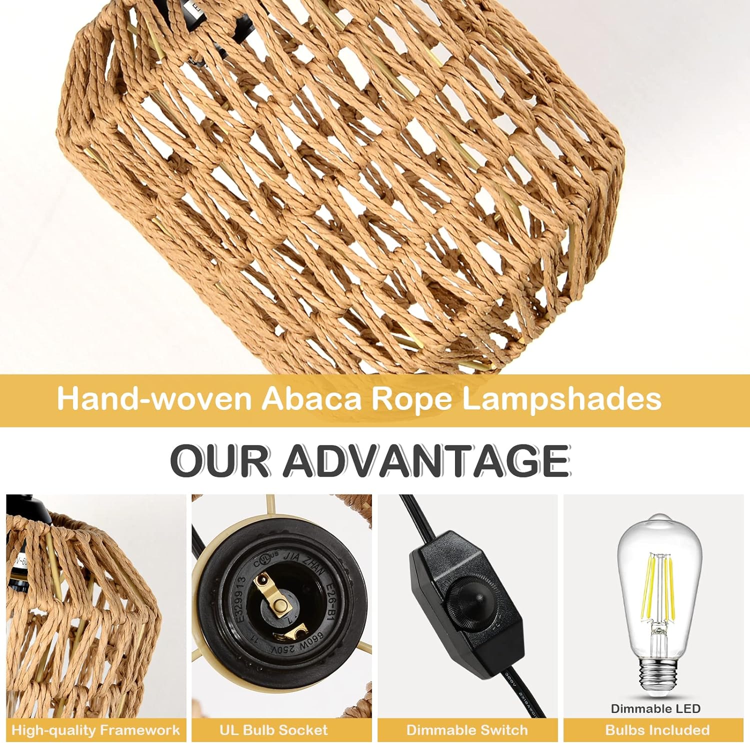 Plug In Pendant Light With Led Bulb, Rattan Hanging Lamp With 16Ft Dimmable Cord, Hand Woven Wicker Plug In Chandelier, Boho Hanging Lights Fixture With Plug In Cord For Bedroom Hallway Foyer Brown Rattan Metal