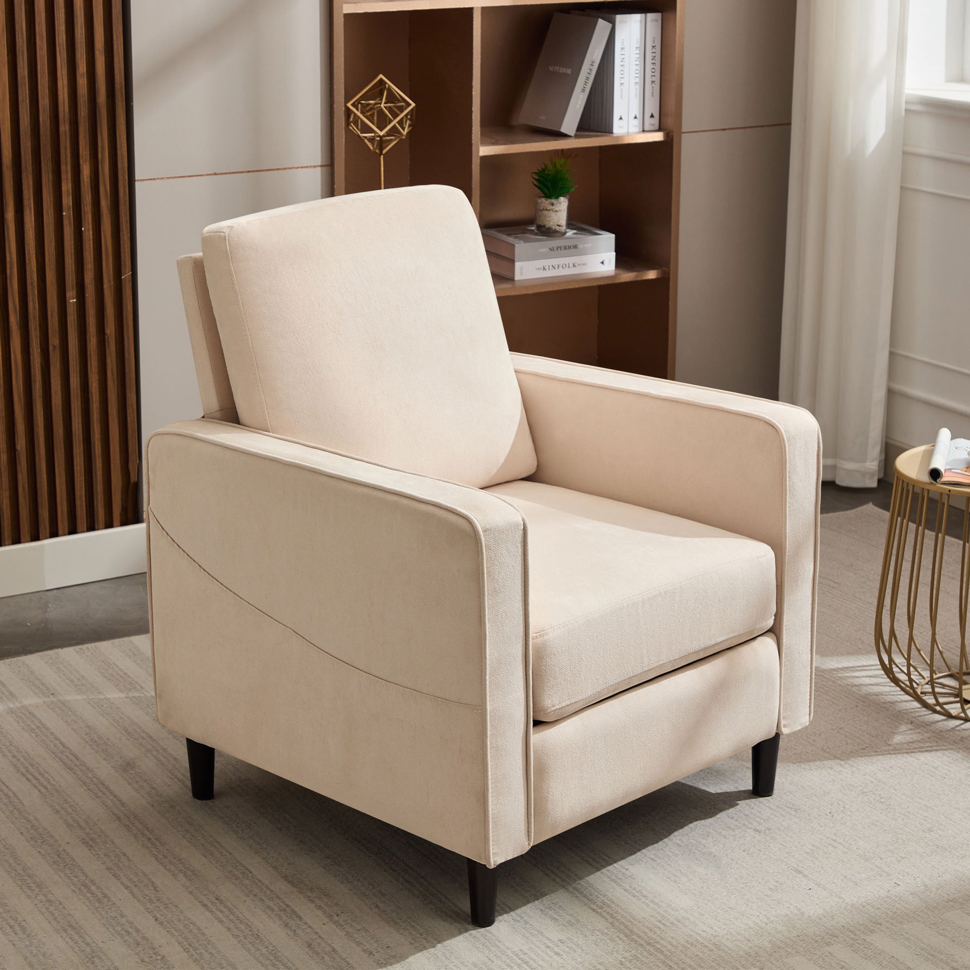 Mid Century Accent Chair ,Modern Linen Fabric Armchair For Living Room,Double Side Pockets, Comfortable And Padded Reading Feature Sofa Chair, Suitable For Bedrooms, Living Rooms, And Offices,Beige Beige Linen