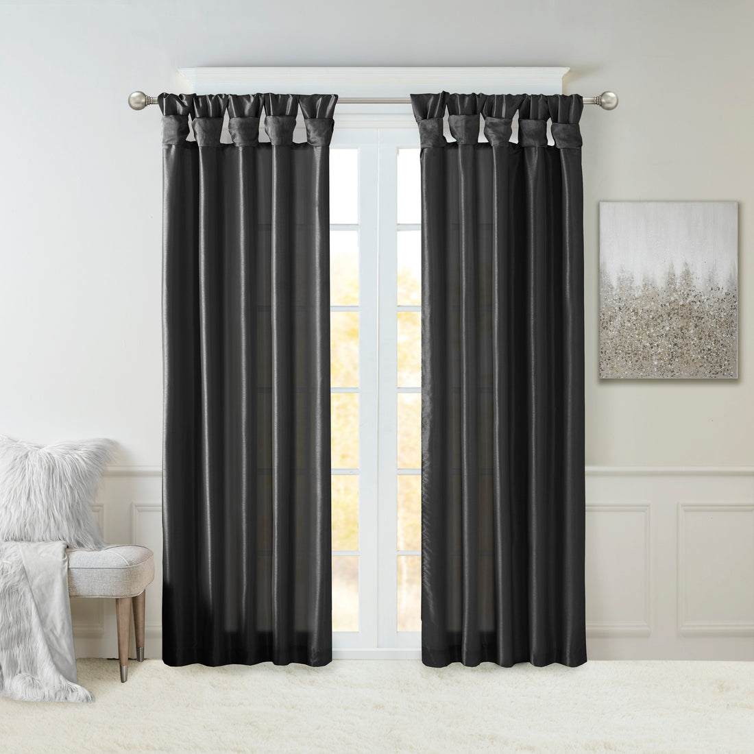 Twist Tab Lined Window Curtain Panel Black 50X108" Black Polyester