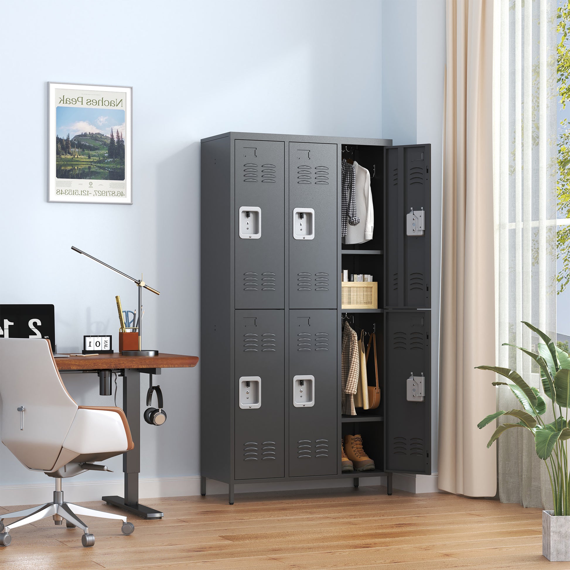 6 Door 72"H Metal Lockers With Lock For Employees,Storage Locker Cabinet For Home Gym Office School Garage,Black 5 Or More Spaces Black Primary Living Space Modern Metal
