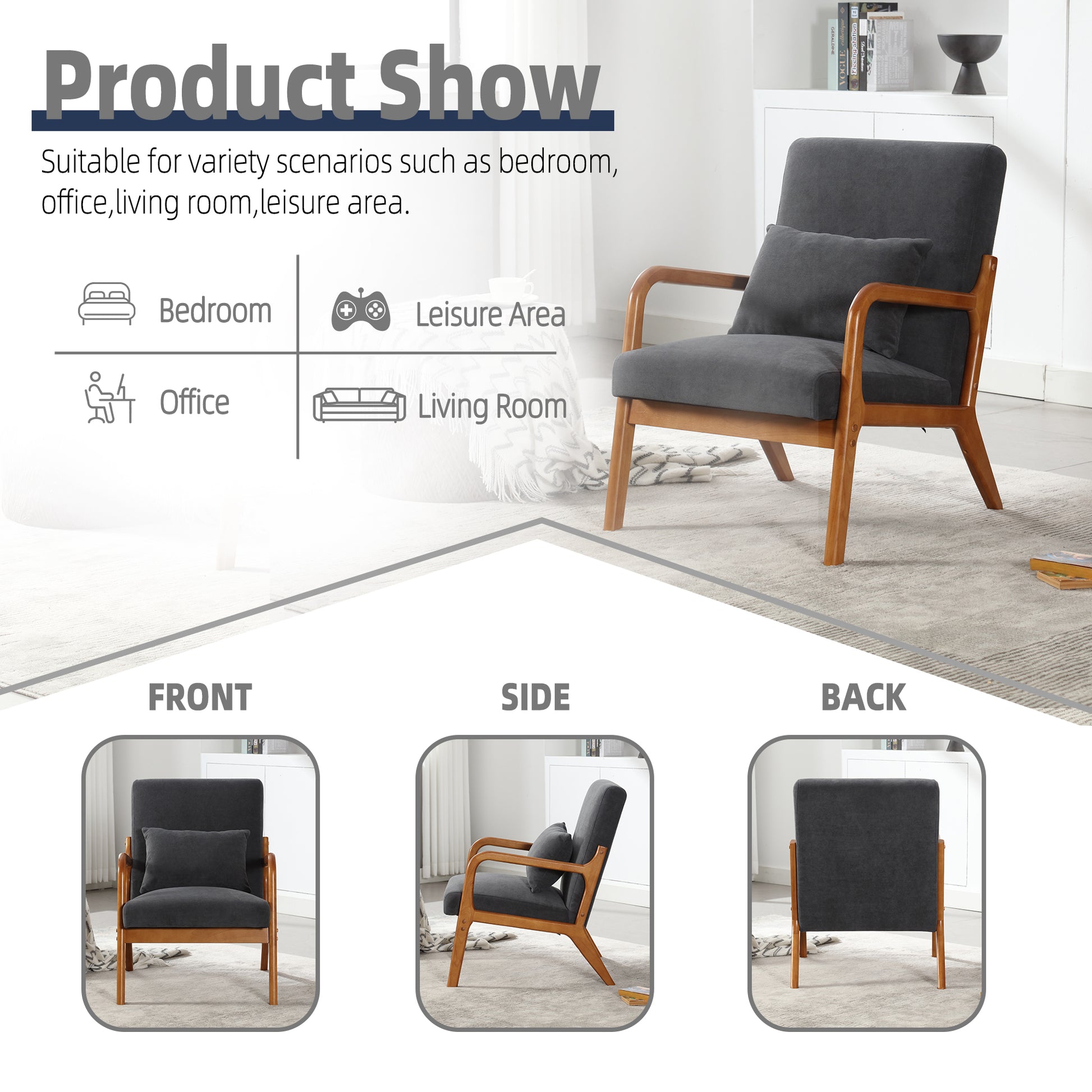 Coolmore Modern Accent Chair, Solid Wood Padding Lounge Armchairs With One Pillow For Living Room, Bedroom, Guest Room Gray Gray Primary Living Space Foam Velvet