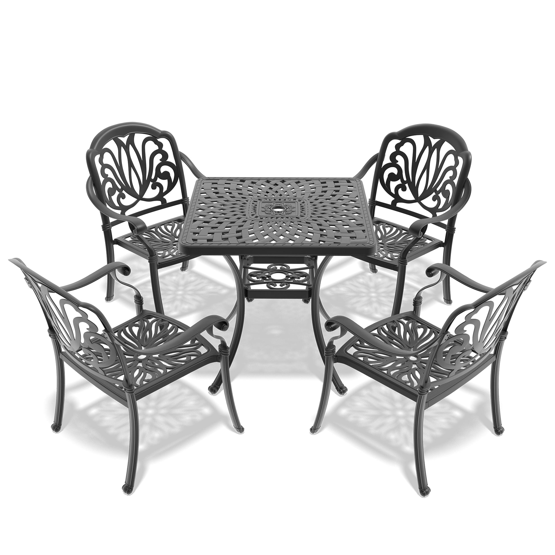Cushions In Random Colors 5 Piece Set Of Cast Aluminum Patio Furniture With Cushions Yes Dining Set Black Seats 4 Rust Resistant Frame Water Resistant Cushion Garden & Outdoor Complete Patio Sets Aluminium