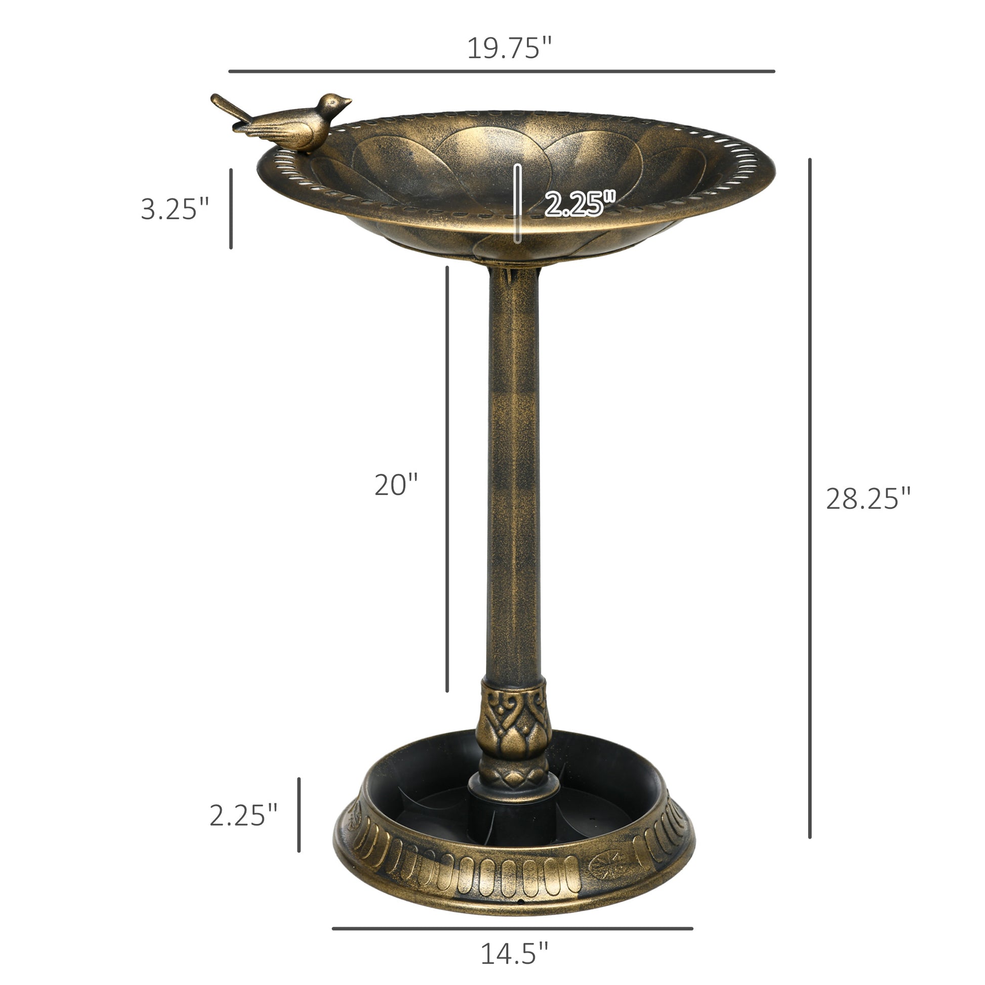 Outsunny 28" Antique Bird Bath With Pedestal Flower Planter Base, Vintage Style Decorative Birdbath & Bird Feeder Bowl, Decoration Yard Statue, Bronze Bronze Polypropylene