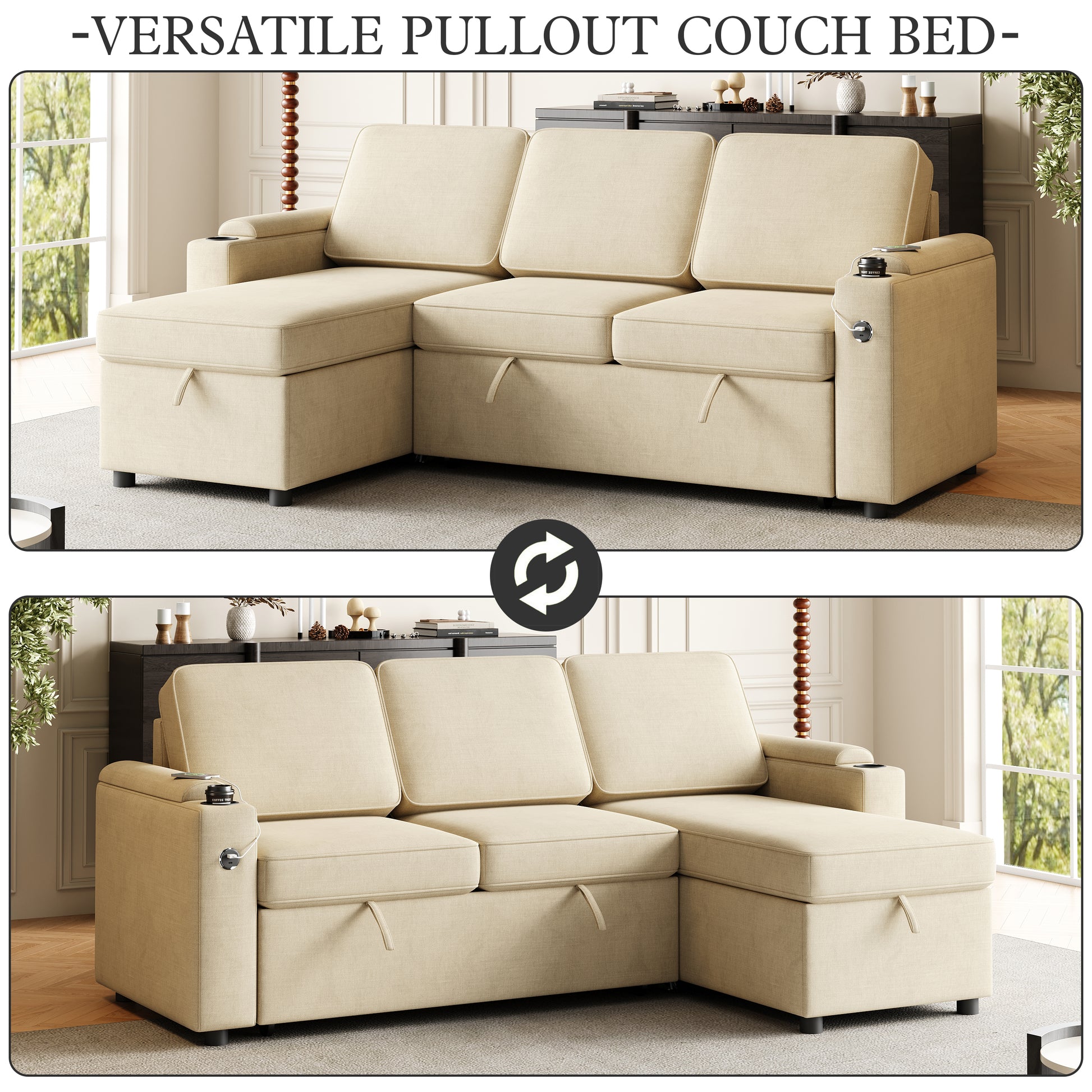 Mh85.8" Sleeper Sofa, Sofa Bed 2 In 1 Pull Out Sofa Bed With Storage Sofa, Sofa Sleeper With Pull Out Bed With Charging Port Beige Primary Living Space Eucalyptus Polyester Fabric 3 Seat