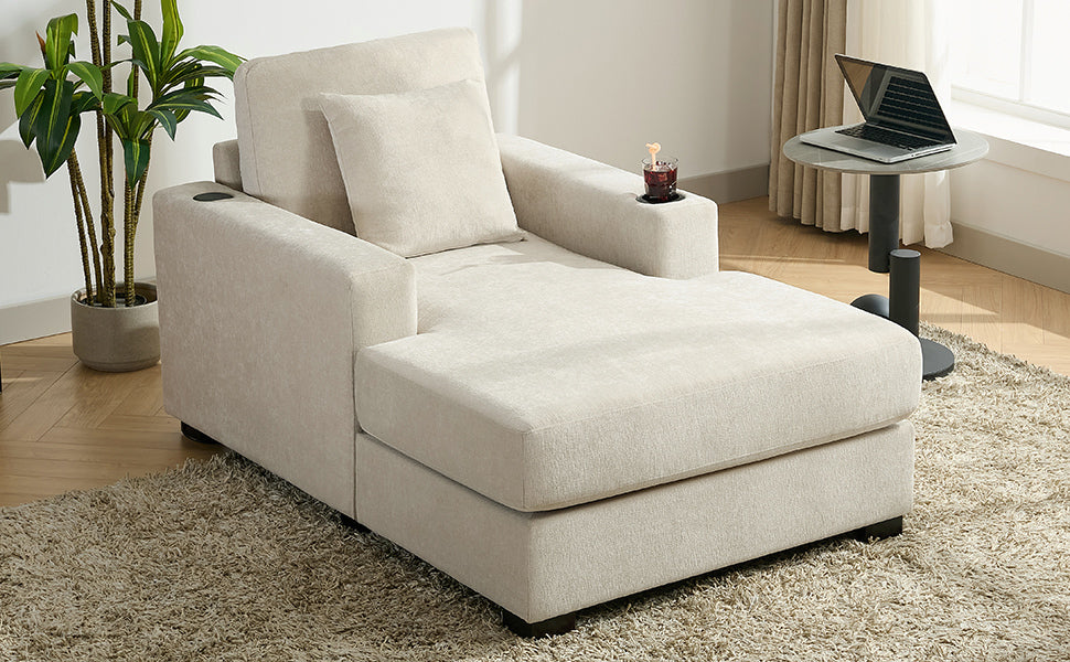 39.7" Oversized Chaise Lounger Modern Style Sofa Couch ,With Pillows, Charge Station & Cup Holders, Chenille Fabric, Cream Cream Chenille