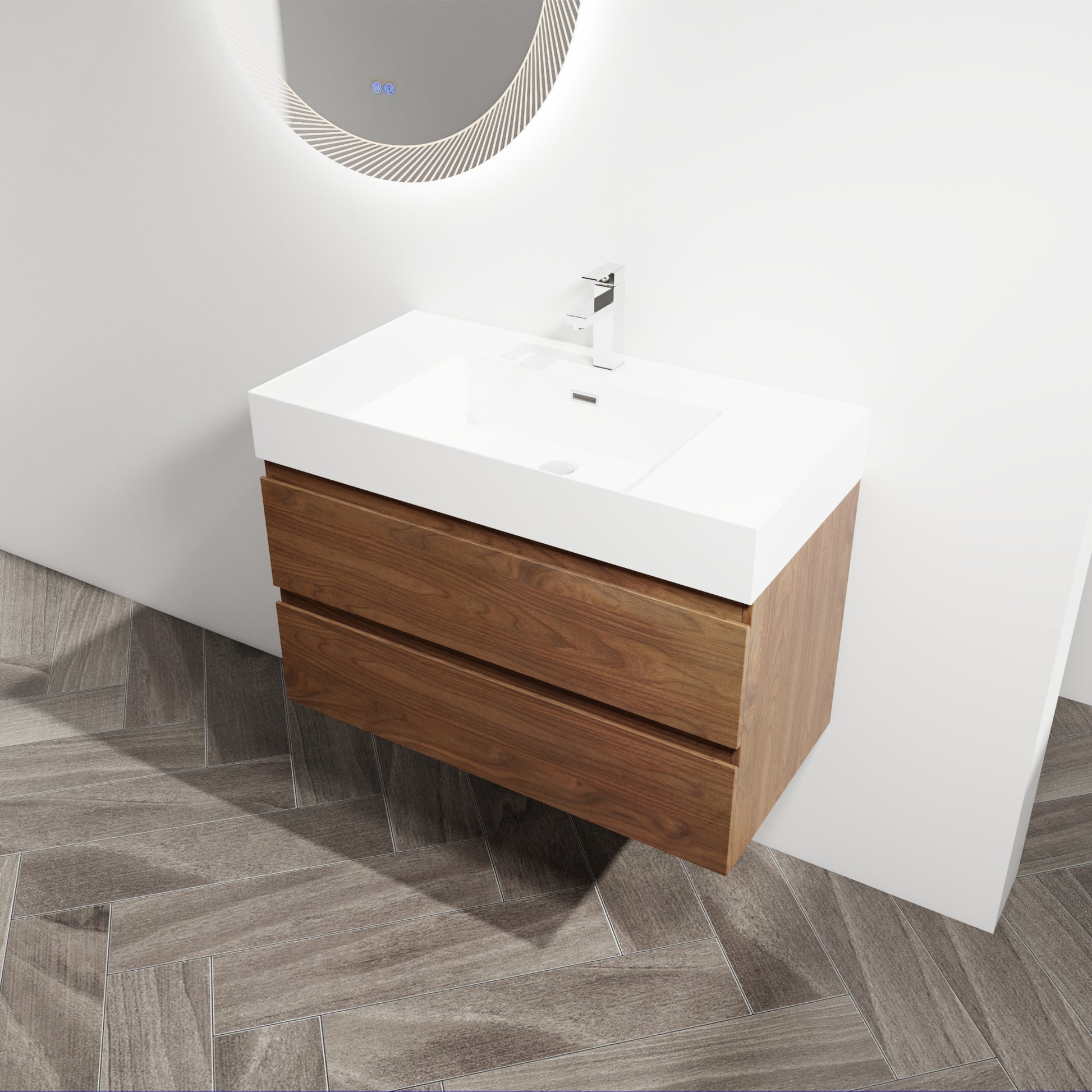 36" Wall Mounted Bathroom Vanity With Resin Sink, 2 Soft Close Drawers, Kd Package 2 Brown Oak Bathroom Wall Mounted Modern Plywood
