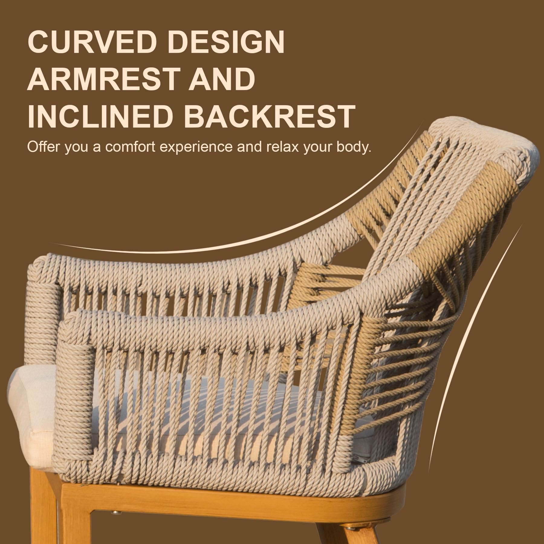 Bar Stools Set Of 2, Outdoor Counter Height Bar Chairs With Arm And Backrest, Aluminum Tall Bar Stools With Cushion Modern Textilene Rope Boho Barstools For Garden, Pool, Patio, Kitchen Square Backres Yes Khaki Garden & Outdoor 2 Person Seating Group