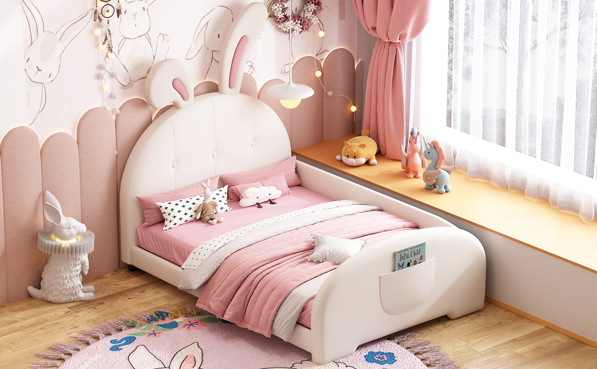 Twin Size Upholstered Rabbit Shape Princess Bed ,Twin Size Platform Bed With Headboard And Footboard,White Old Sku: Wf311629Aak White Pu