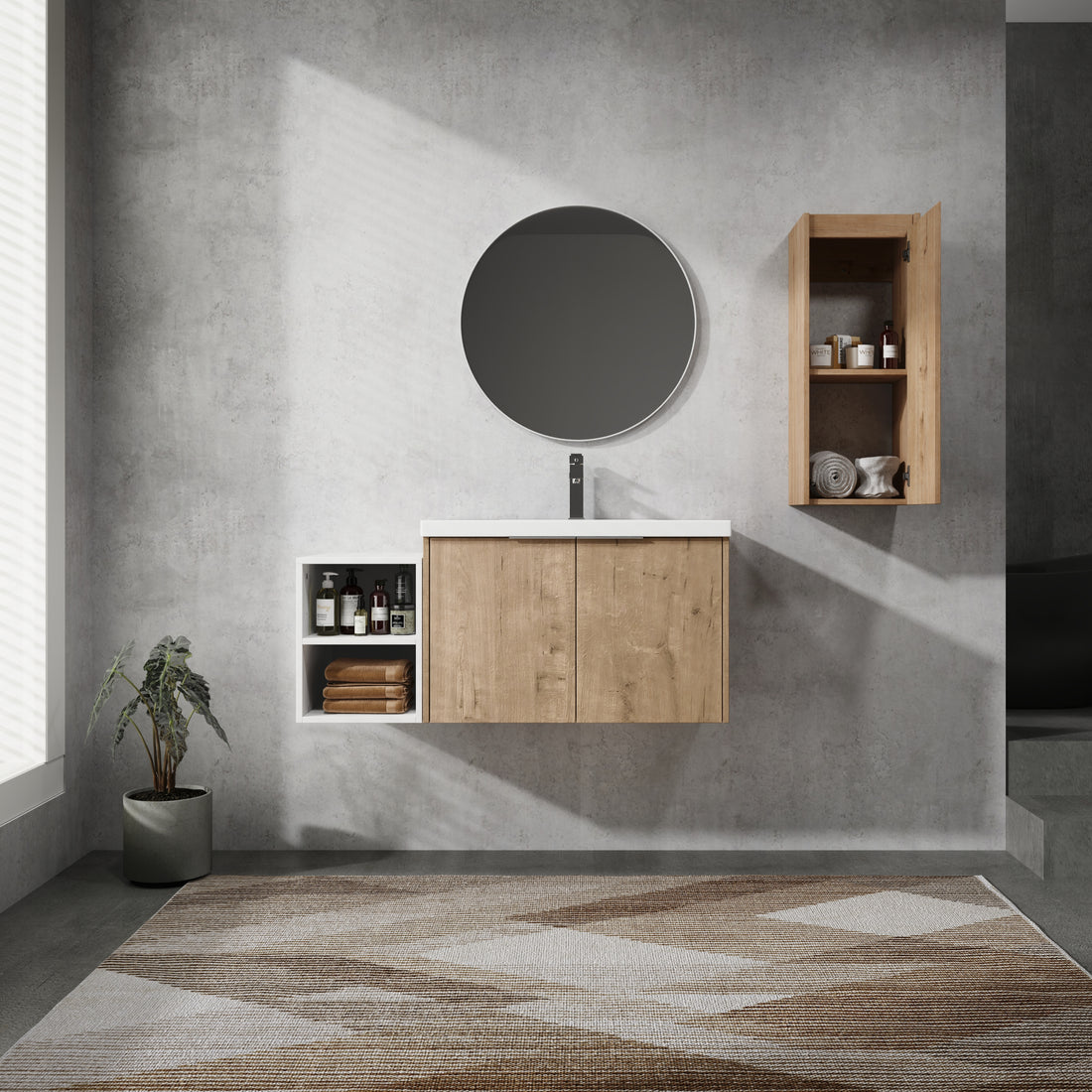 42" Wall Mounted Bathroom Vanity With Sink And Side Cabinet, Soft Close Doors,00112Imo 0630Imo 0612Gwh Combination Cabinet Kd Packing Imitative Oak Bathroom Modern Plywood Plywood