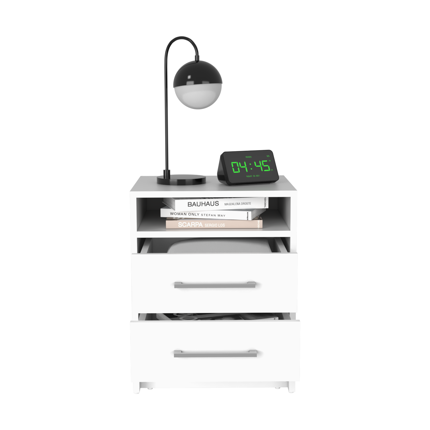 Greter 24" Two Drawer Night Stand With Open Shelf White 2 Drawers Bedroom Rectangle Modern Particle Board