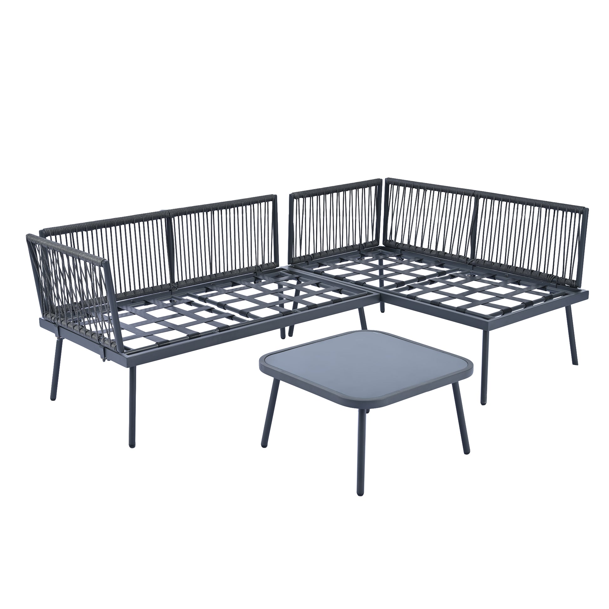 Modern Outdoor 3 Piece Pe Rattan Sofa Set All Weather Patio Metal Sectional Furniture Set With Cushions And Glass Table For Backyard, Poolside, Garden, Gray,L Shaped Yes Sectional Gray Seats 4 Weather Resistant Frame Water Resistant Cushion Garden &