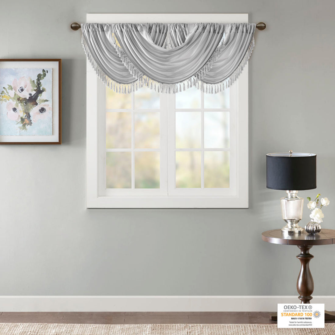 Faux Silk Waterfall Embellished Valance Silver 38X46" Silver Polyester