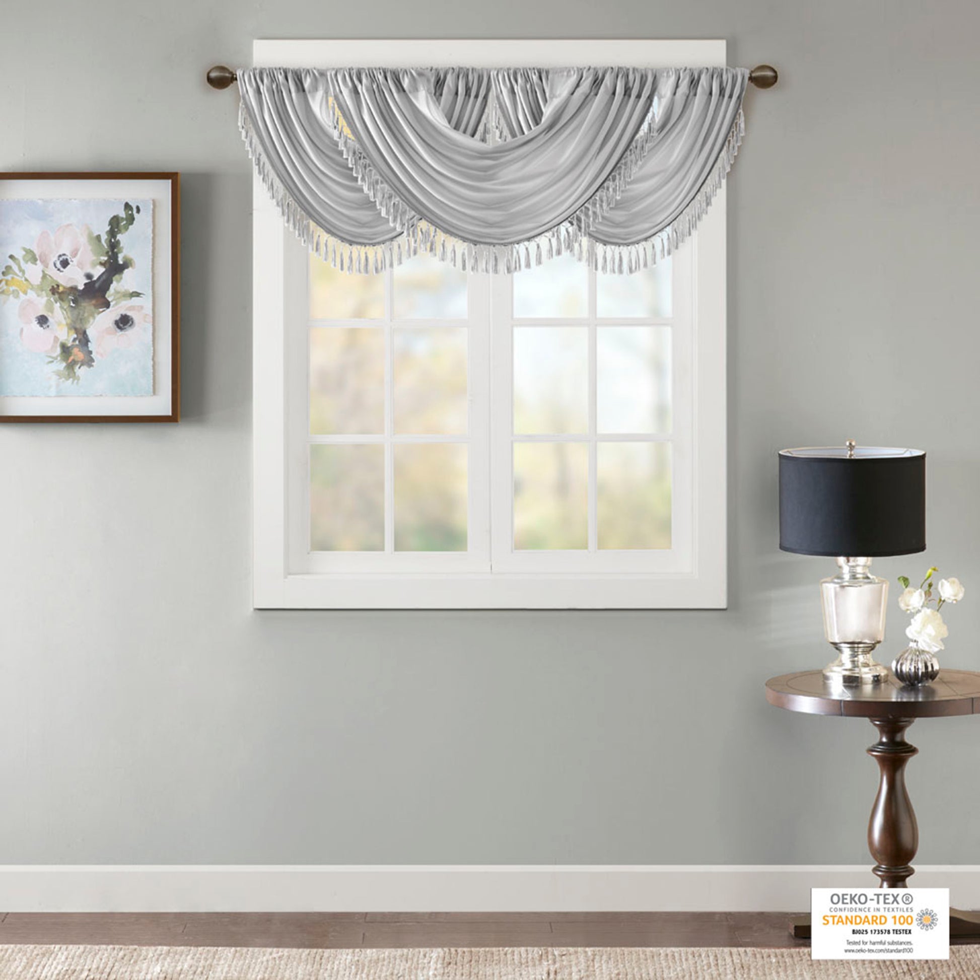 Faux Silk Waterfall Embellished Valance Silver 38X46" Silver Polyester