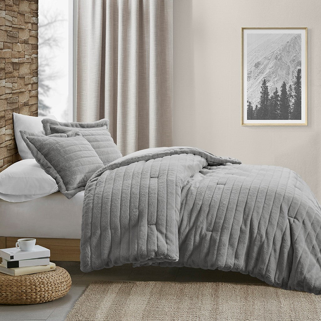 Faux Fur Comforter Set King Grey Polyester