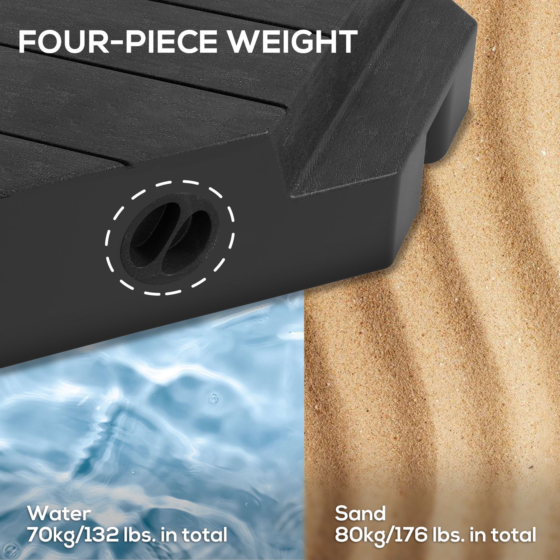Outsunny 4 Piece Patio Cantilever Umbrella Base Weight Set, Outdoor Offset Umbrella Weights For Umbrella Stand, 132 Lb. Capacity Water Or 176 Lb. Capacity Sand, Black Black Hdpe