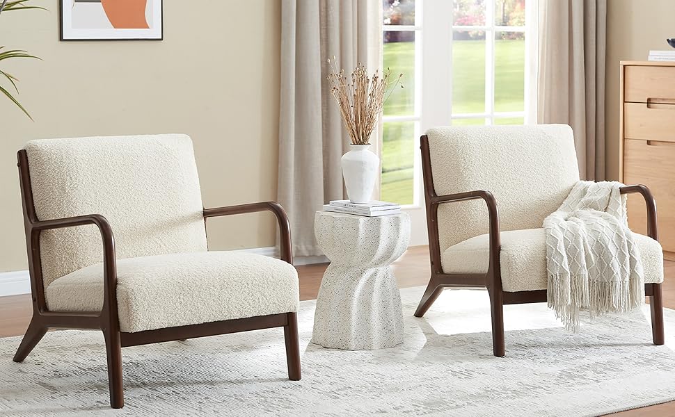 Accent Chair Living Room Chair Lambswool Accent Chair With Arms Chairs For Bedroom,Office,Apartment,Chairs Reading White Wood