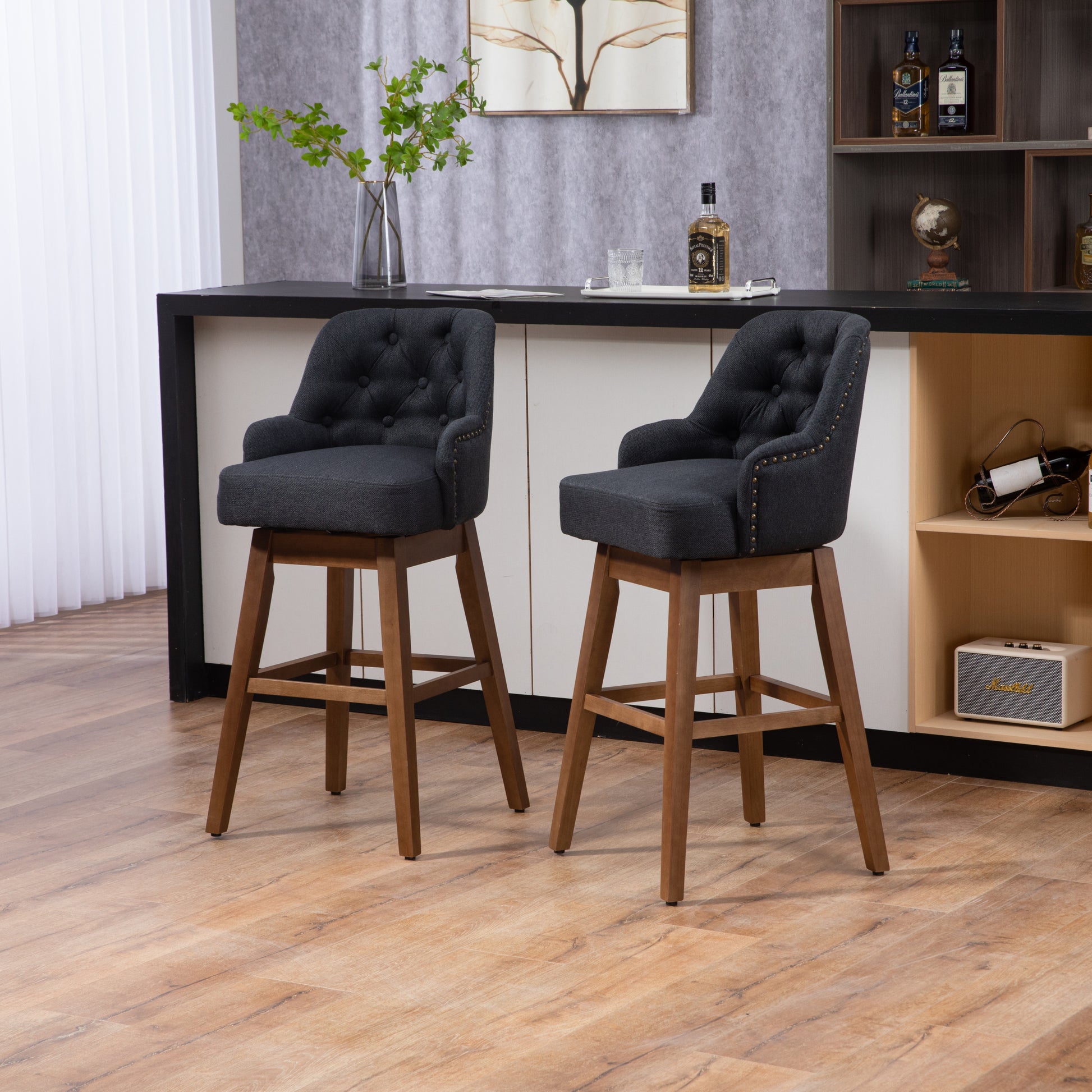 Coolmore Bar Stools Set Of 2 Counter Height Chairs With Footrest For Kitchen, Dining Room And 360 Degree Solid Wood Legs Swivel Bar Stools Set Of 2 Black Linen Black Foam Linen