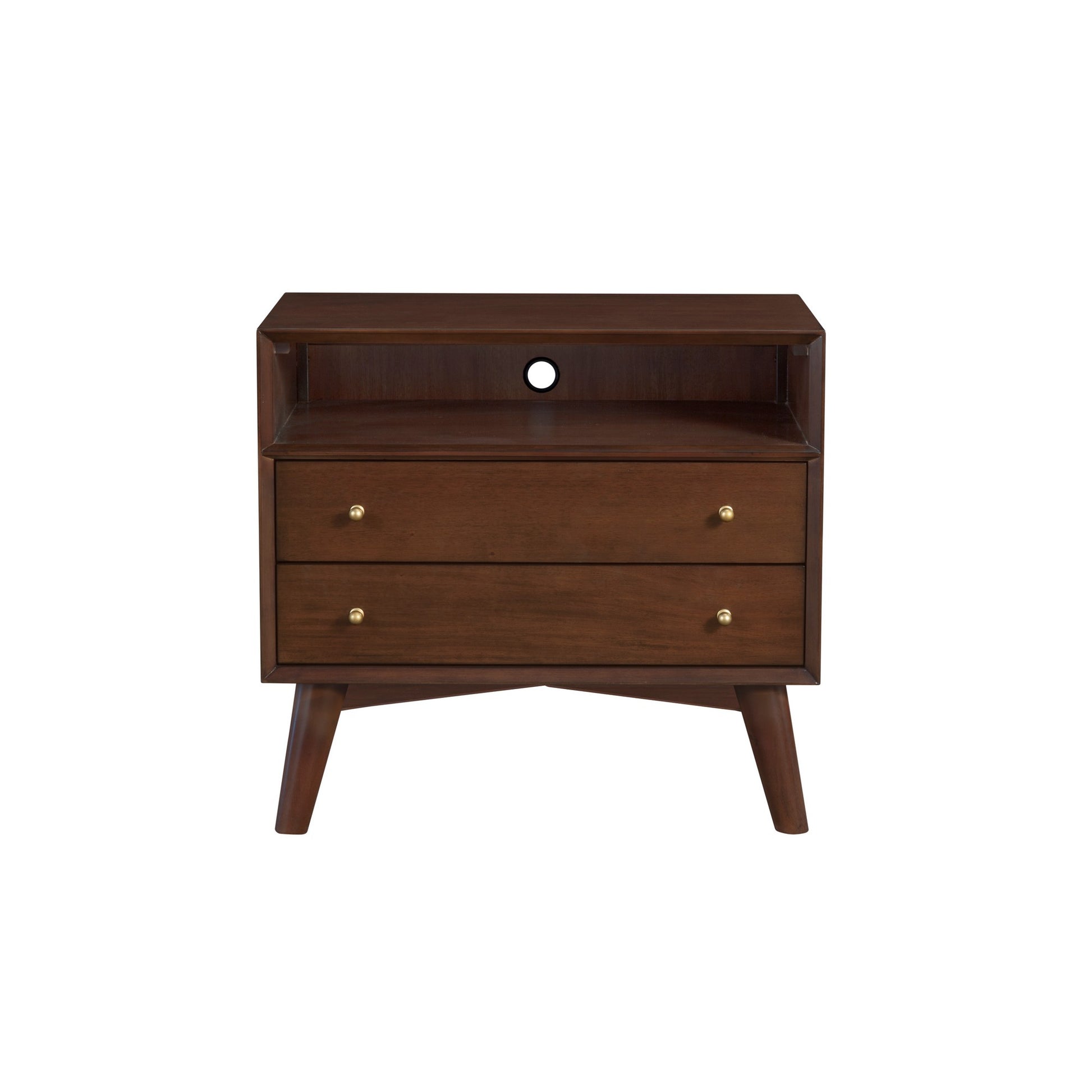 Ian 28 Inch 2 Drawer Nightstand, Open Cubby, Mahogany Wood, Walnut Brown Brown Wood