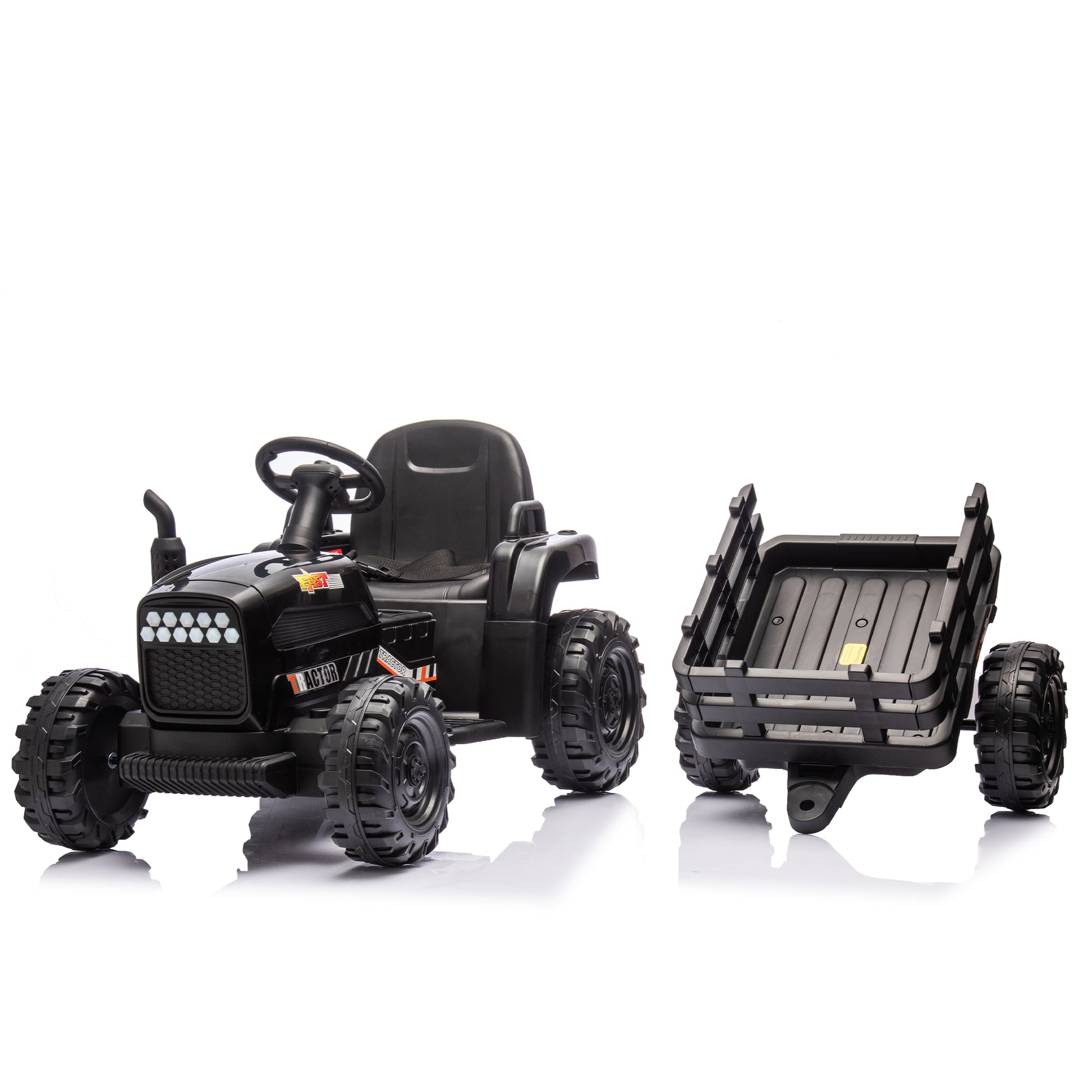 Ride On Tractor2.0 With Trailer,24V Battery Powered Electric Tractor Toy, 200W*2Motor 1.86 4.97Mph Remote Control,Electric Car For Kids,Three Speed Adjustable,Usb,Mp3 ,Bluetooth,Led Light, Safety Belt Black Polypropylene