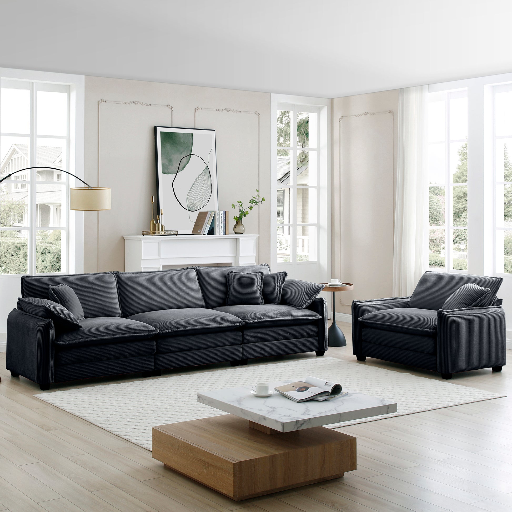 Mid Century Modern Sofa Set Of Two, One 3 Seater Sofa And One Single Seat Sofa With 2 Arm Pillows And 4 Throw Pillows,2 Pieces Sofa Set For Living Room,Grey Corduroy Fabric Grey Corduroy 4 Seat