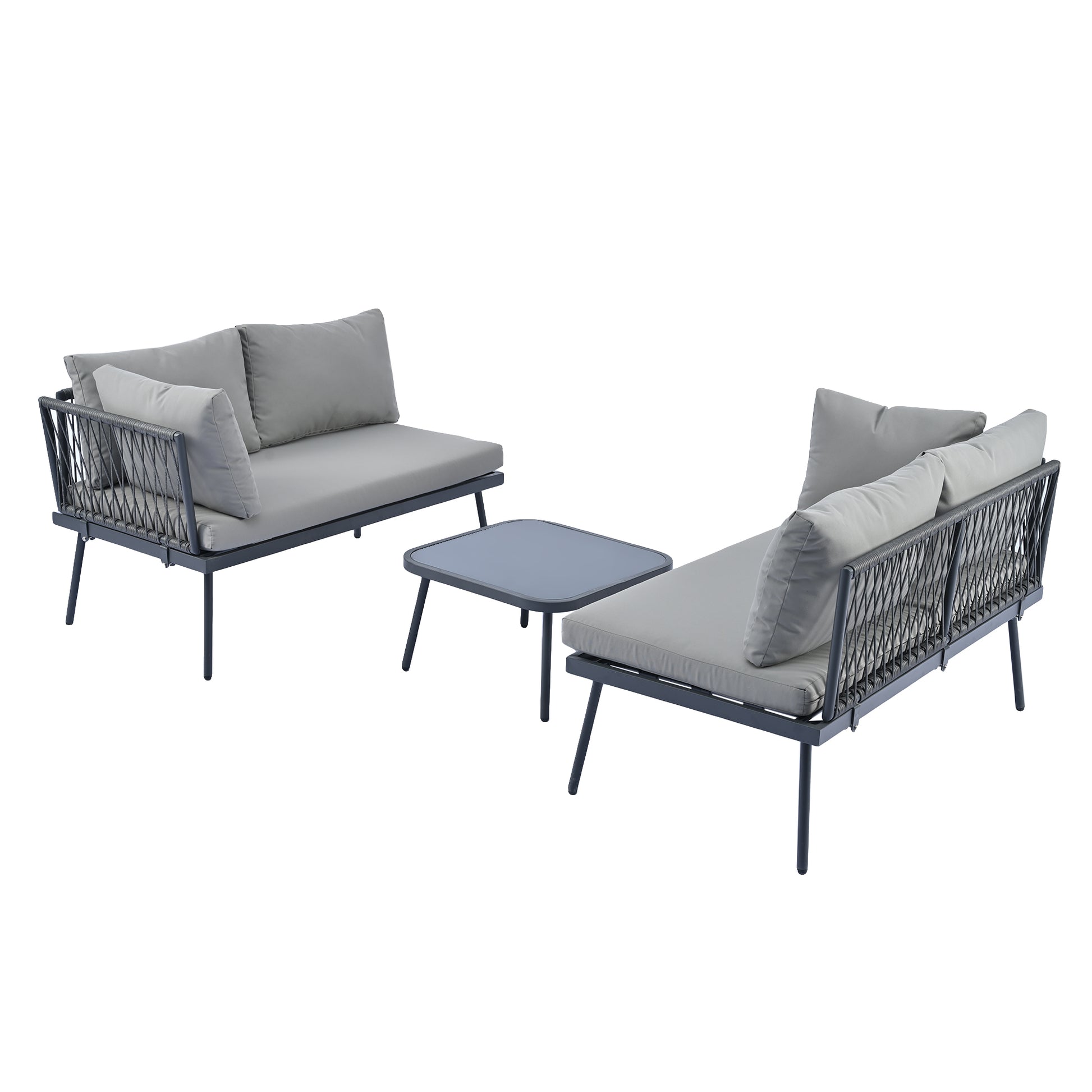 Modern Outdoor 3 Piece Pe Rattan Sofa Set All Weather Patio Metal Sectional Furniture Set With Cushions And Glass Table For Backyard, Poolside, Garden, Gray,L Shaped Yes Sectional Gray Seats 4 Weather Resistant Frame Water Resistant Cushion Garden &