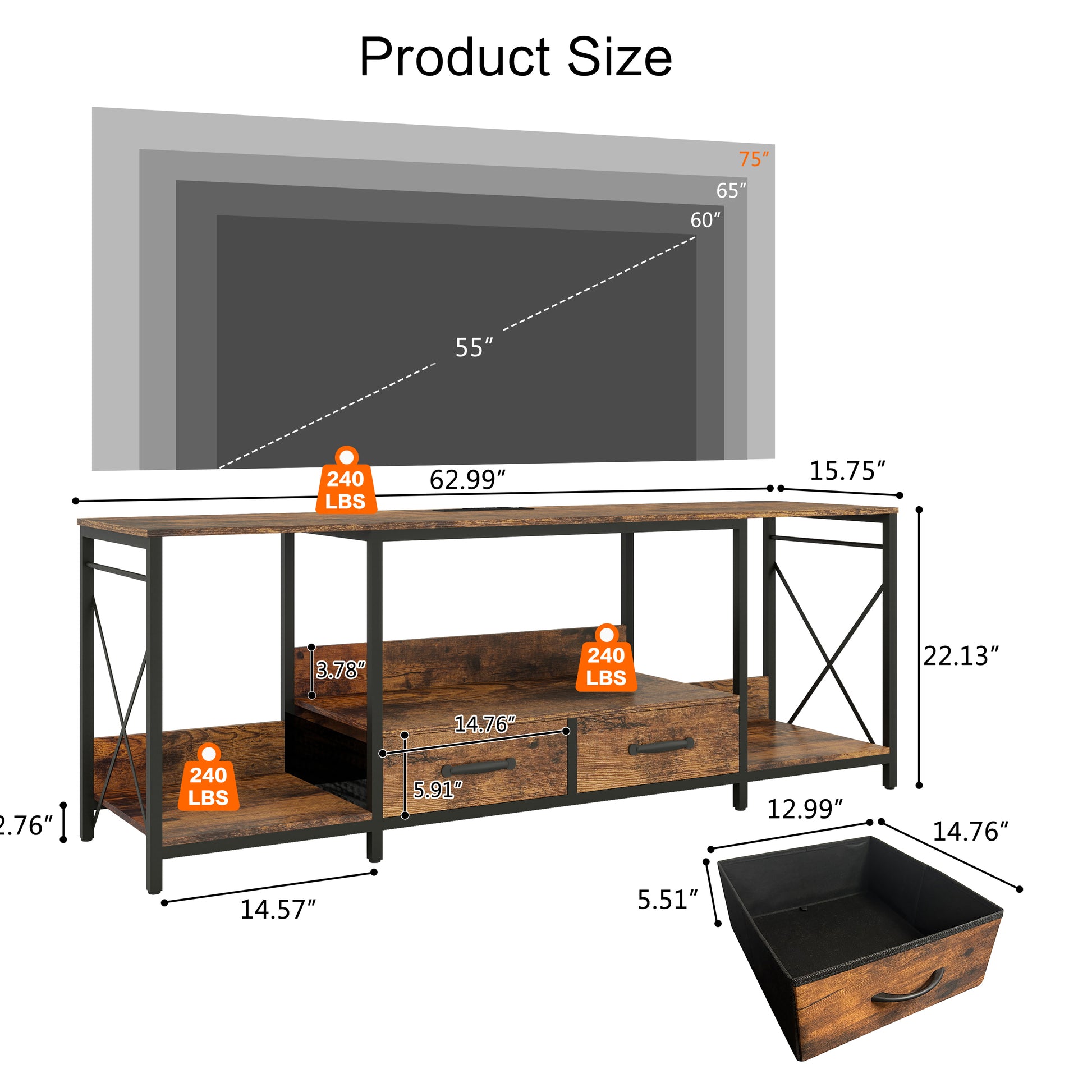 Tv Stand With Led Lights Power Outlets Tv Stand With Fabric Drawers For 65 70 75 Inches Tv Entertainment Center And Industrial Tv Console Table With Open Storage Shelves For Living Room, Bedroom
