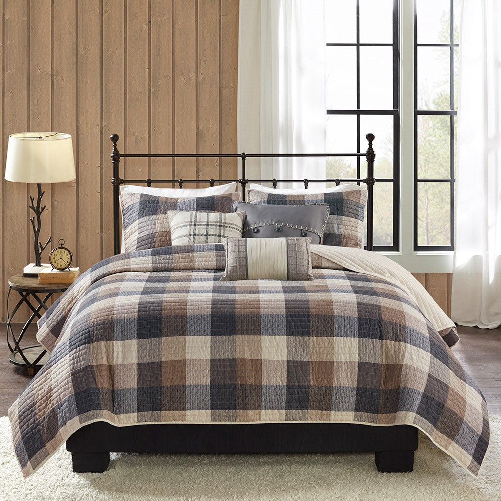 6 Piece Printed Herringbone Quilt Set With Throw Pillows Neutral King Cal King Neutral Polyester