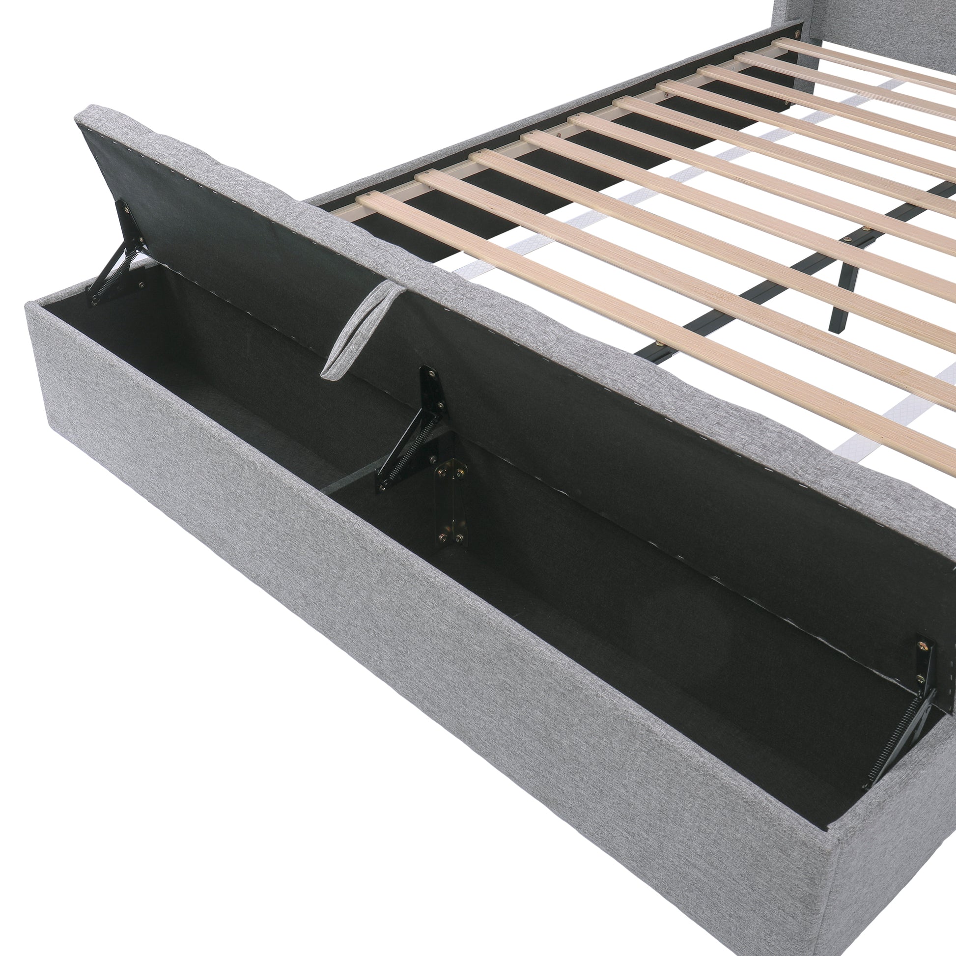 Queen Size Platform Bed With Headboard, Upholstered Platform Bed With Storage, Grey Box Spring Not Required Queen Grey Wood Bedroom Storage Included Foam Polyester Fabric,Plywood,Steel,Upholstered