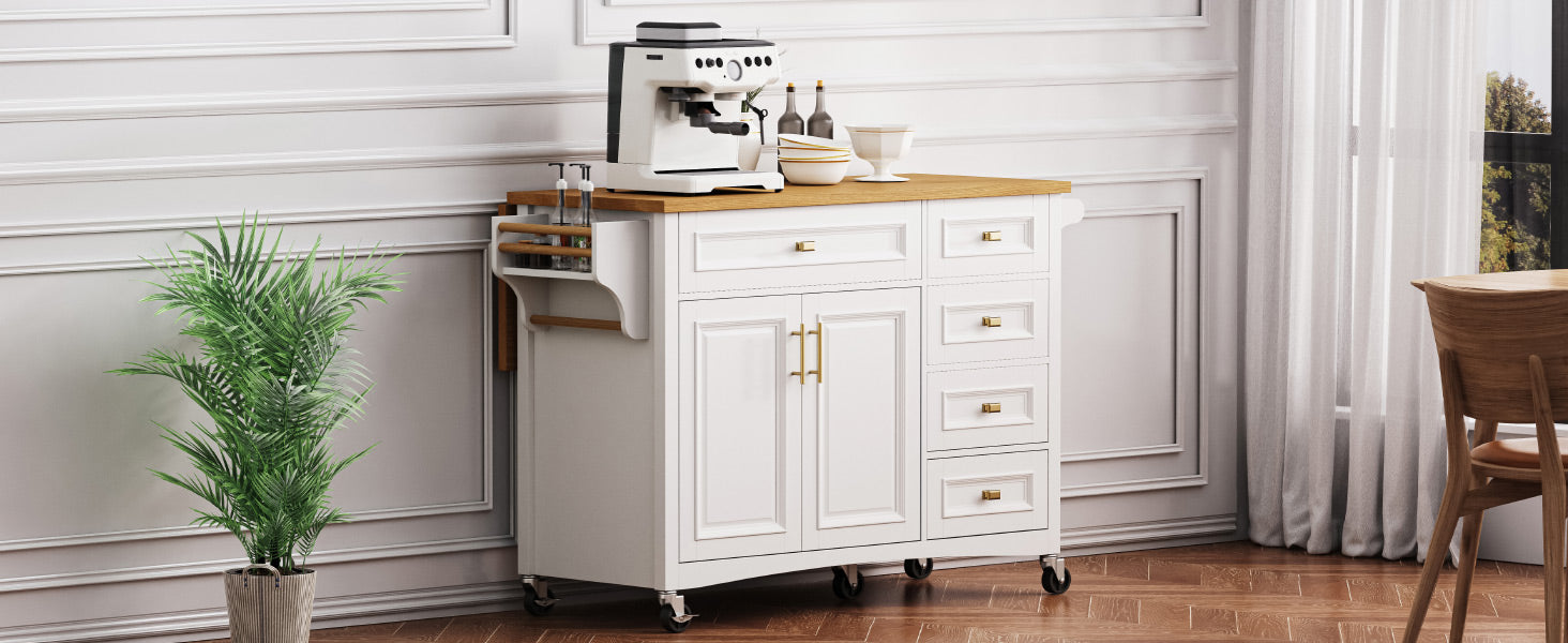 K&K 52'' Kitchen Island With Drop Leaf, Embossed Texture Kitchen Island On Wheels With Spice Rack, Towel Rack, 2 Doors And 5 Drawers, Kitchen Storage Cart With Adjustable Shelf For Kitchen, White